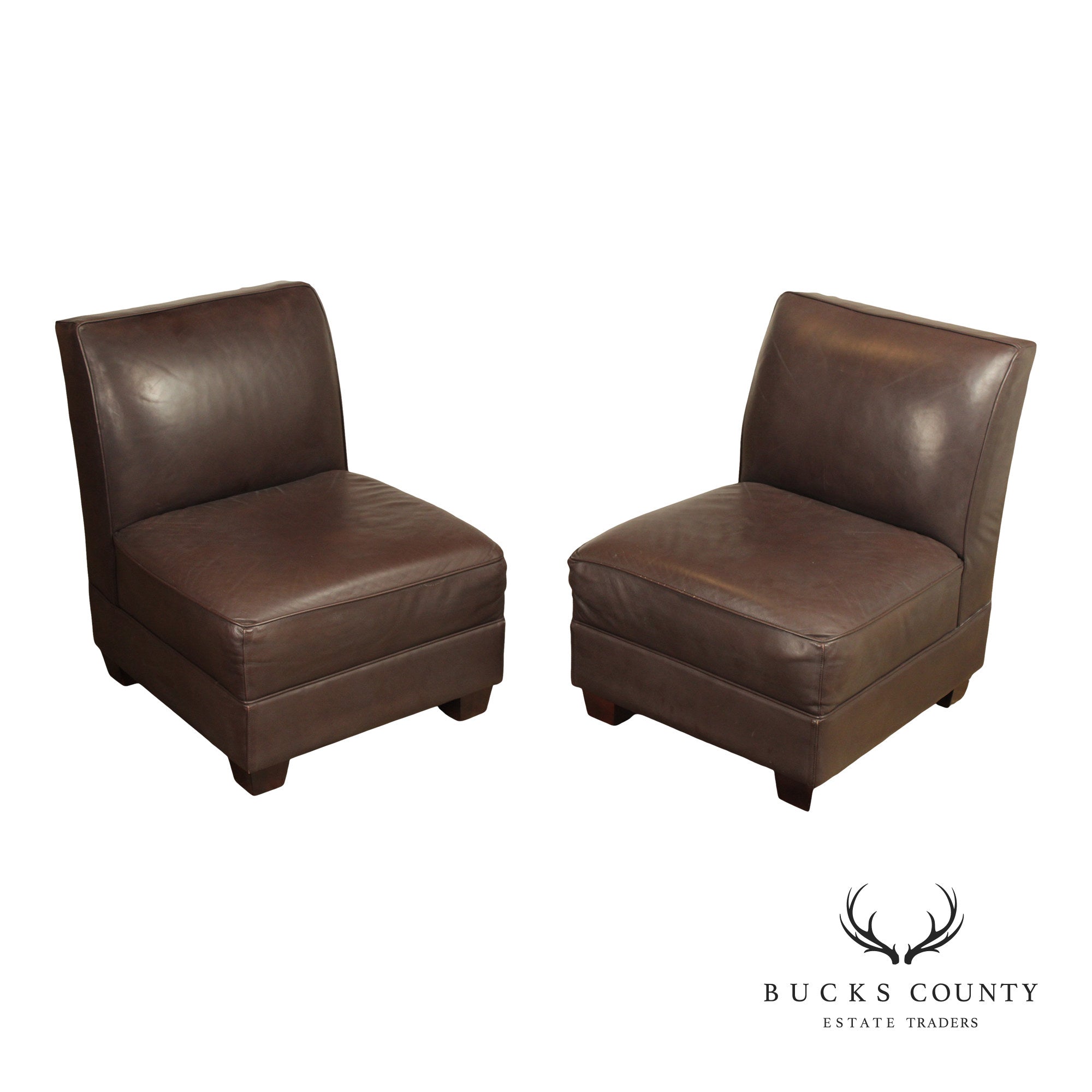 Contemporary Pair Of Brown Leather Upholstered Slipper Lounge Chairs