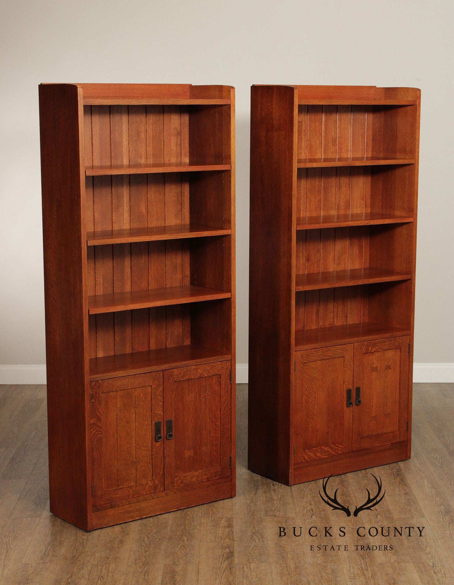 Stickley Mission Collection Pair of Tall Oak Bookcases