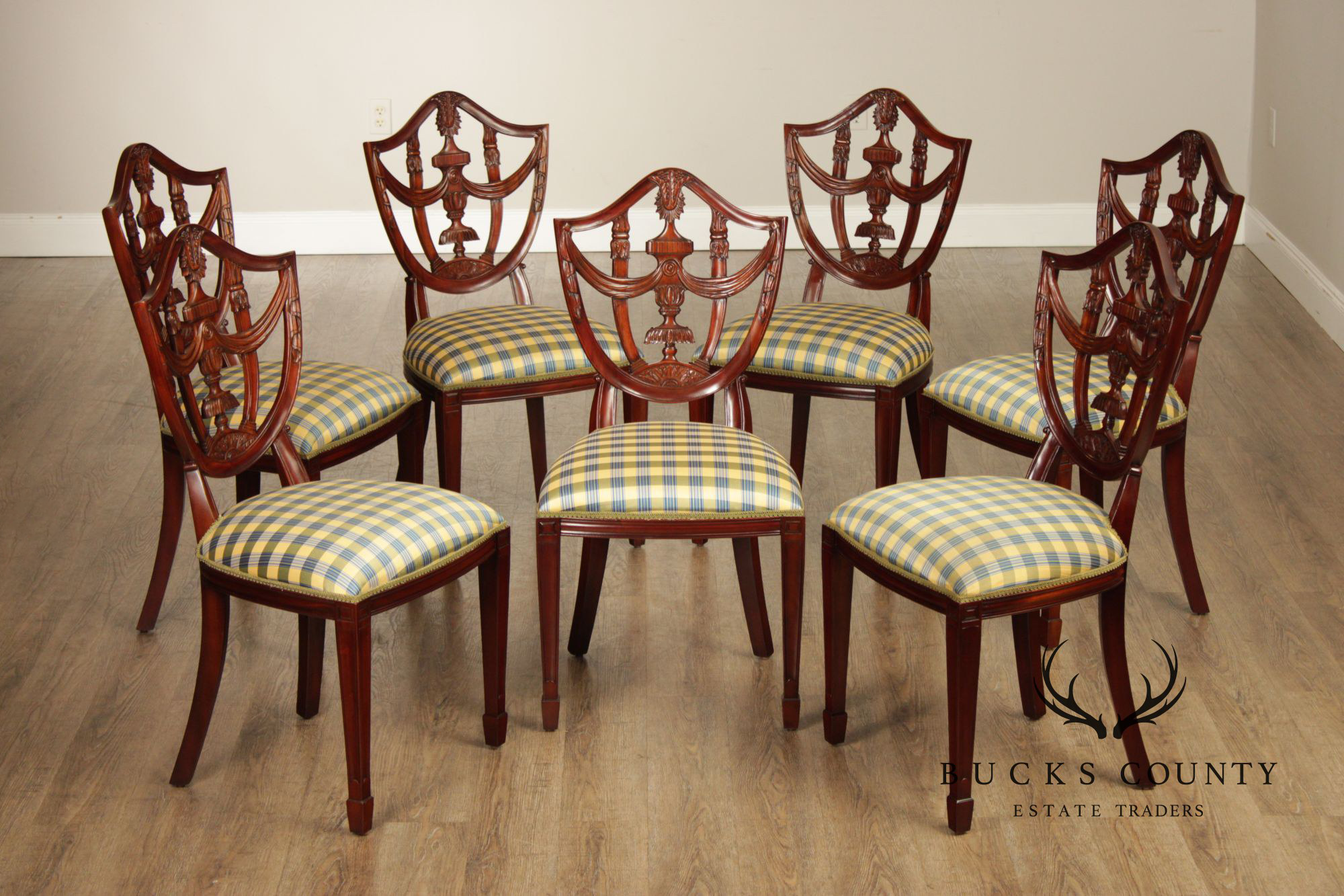 Maitland Smith  Hepplewhite Style Set Of Seven Shield Back Mahogany Dining Chairs