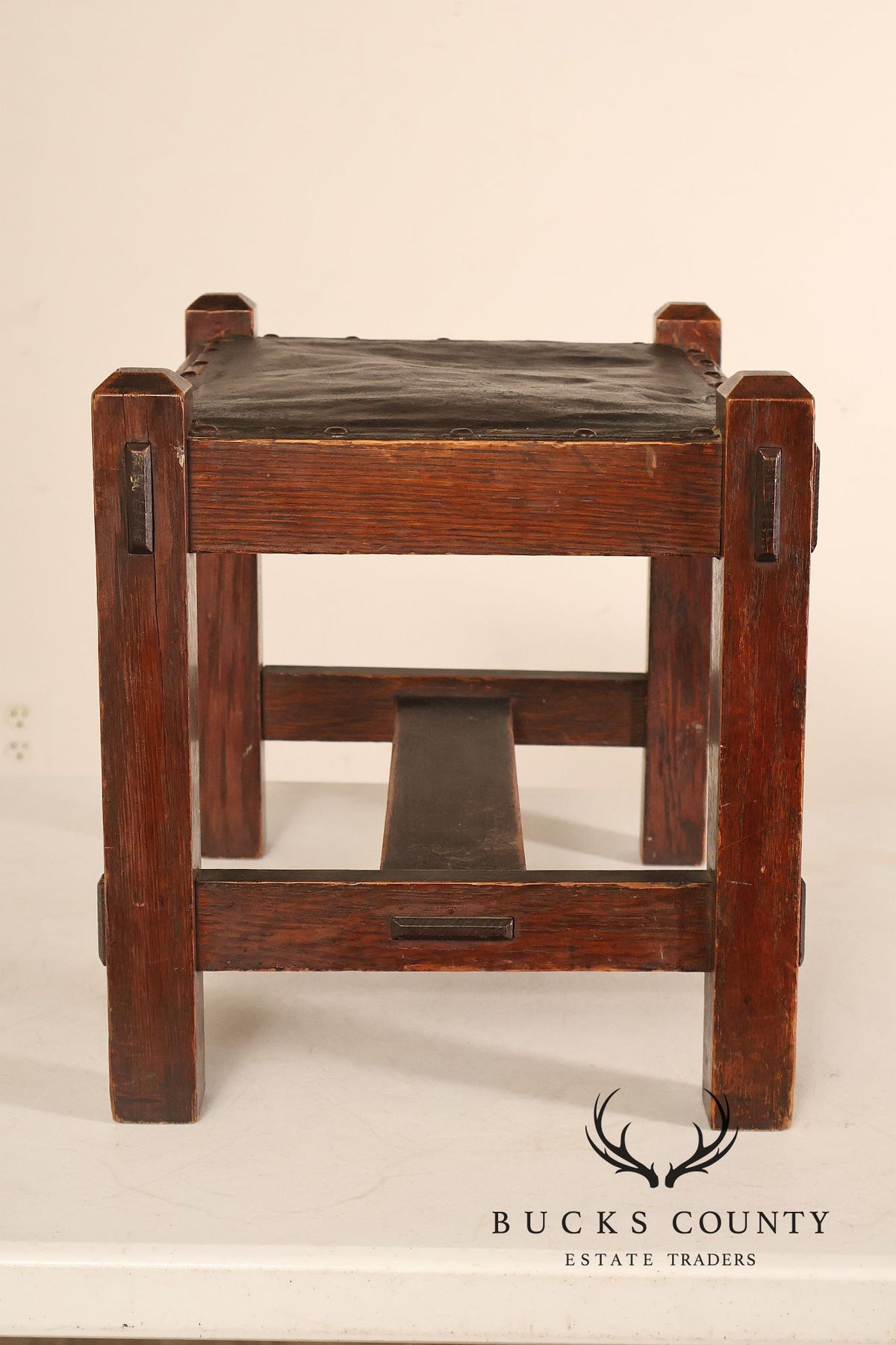 Arts And Crafts Oak Footstool With Leather Upholstered Seat