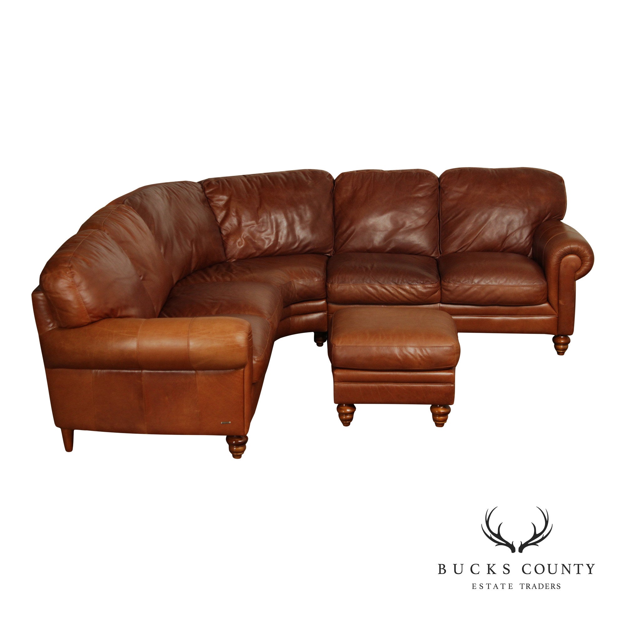 Natuzzi Brown Leather Three-PIece Sectional Sofa with Ottoman