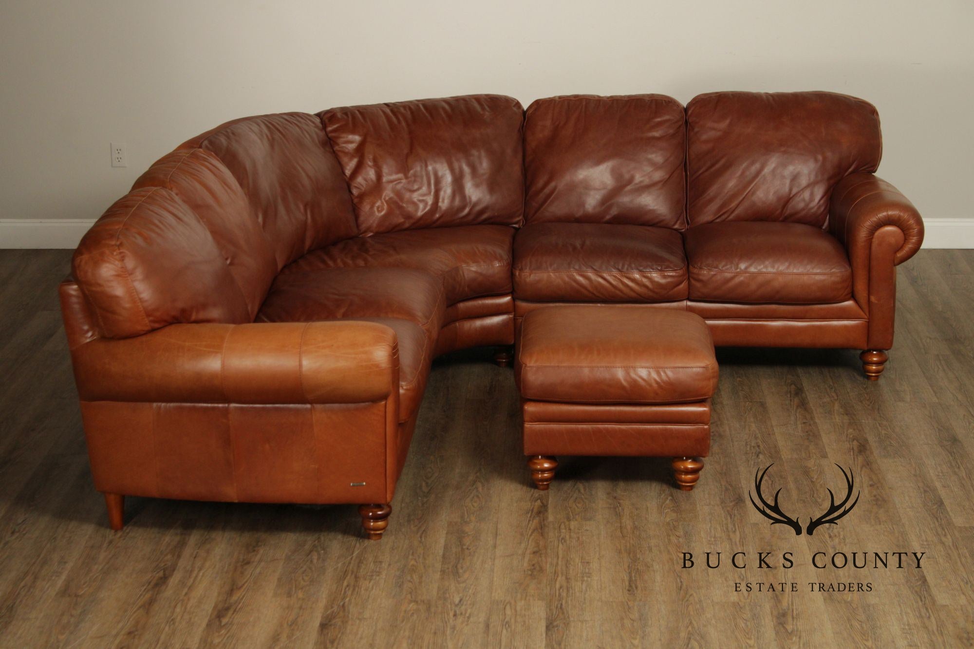 Natuzzi Brown Leather Three-PIece Sectional Sofa with Ottoman