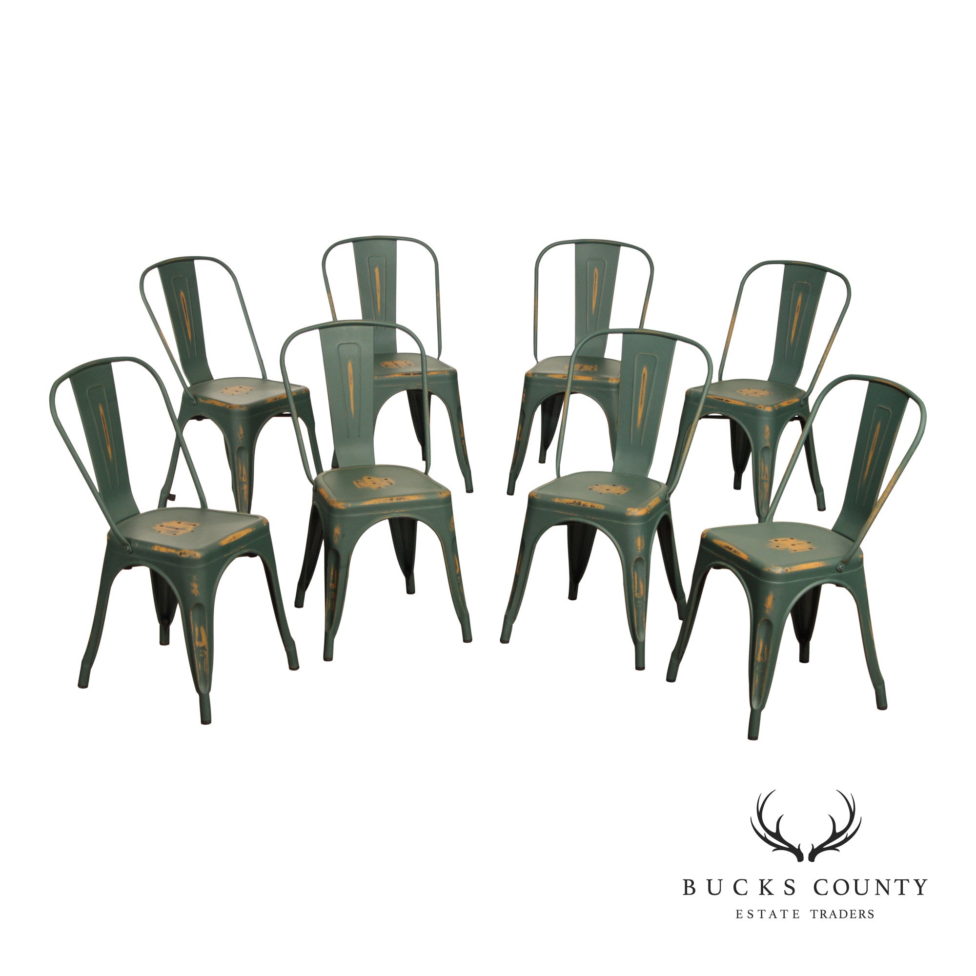Set Of 8 Industrial Style Distressed Metal Bistro Chairs