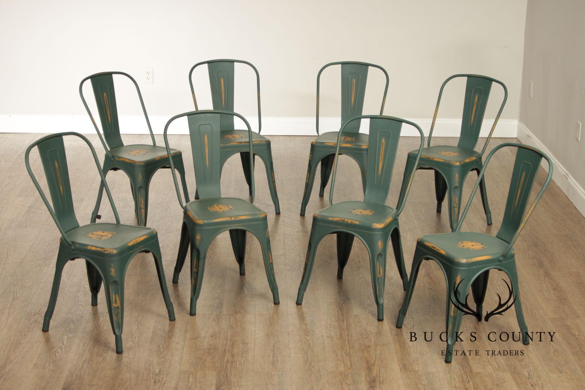 Set Of 8 Industrial Style Distressed Metal Bistro Chairs