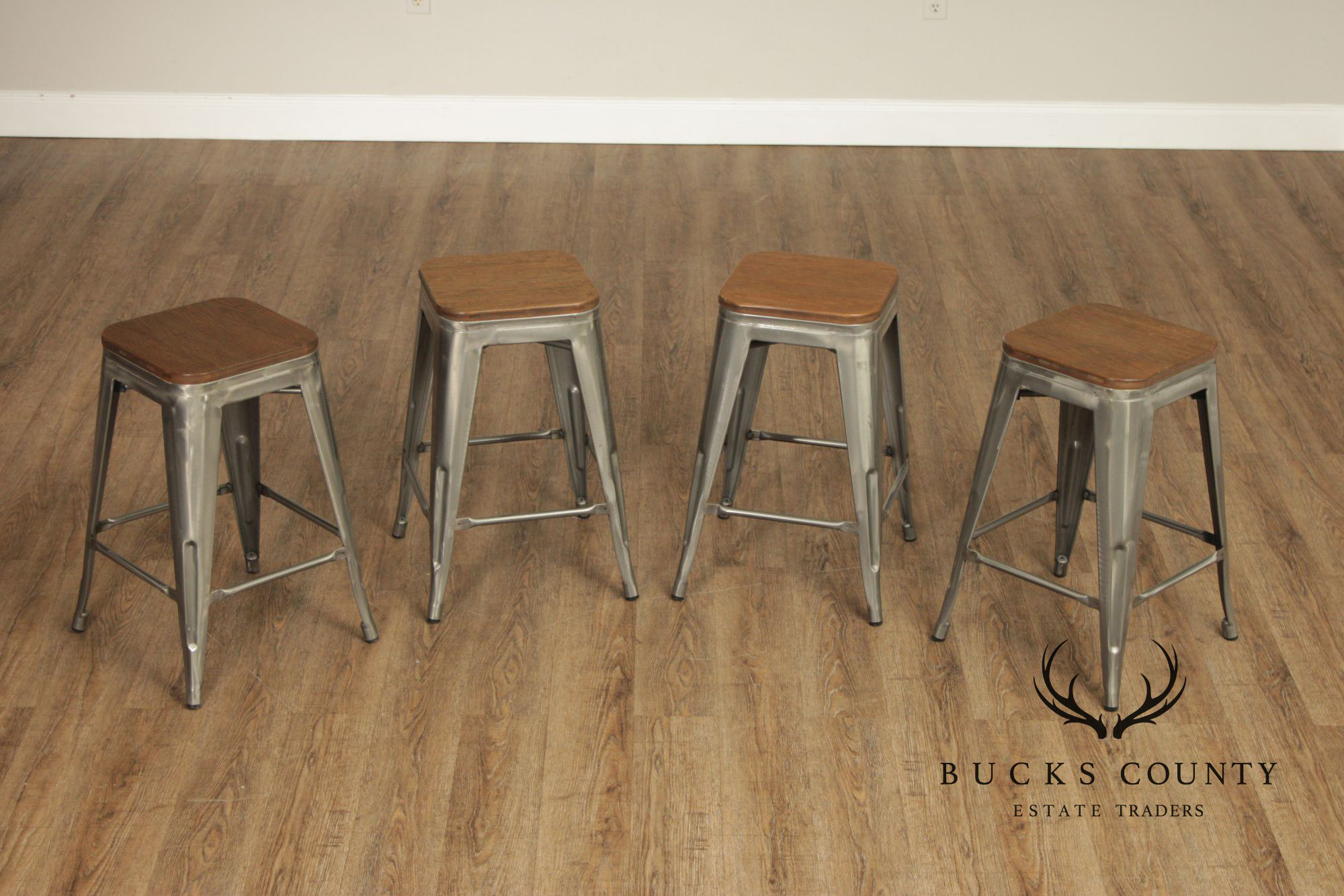 Industrial Style Metal And Wood Set Of Four Counter Stools
