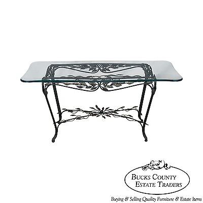 Ornate Leaf Design Iron Glass Top Sofa Table Console