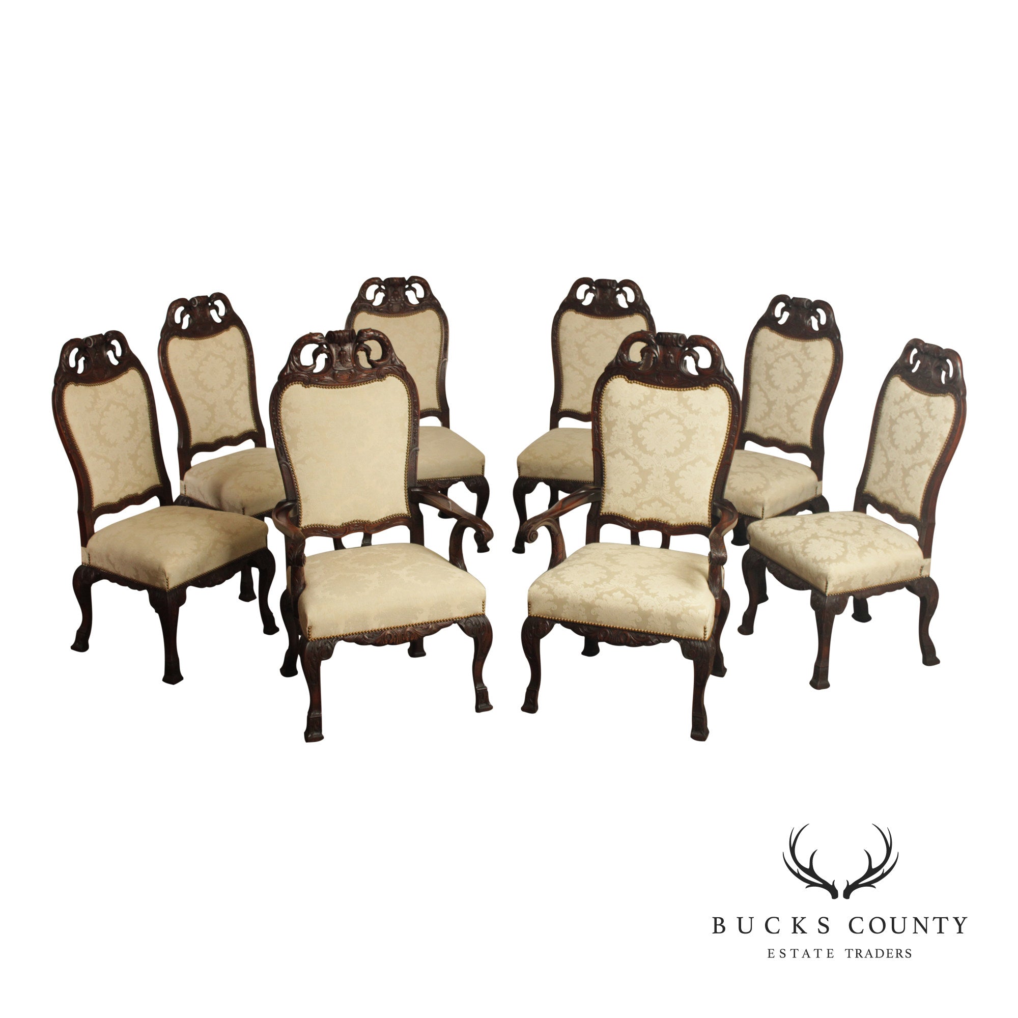 Georgian Style 1930's Vintage Set of 8 Carved Mahogany Dining Chairs