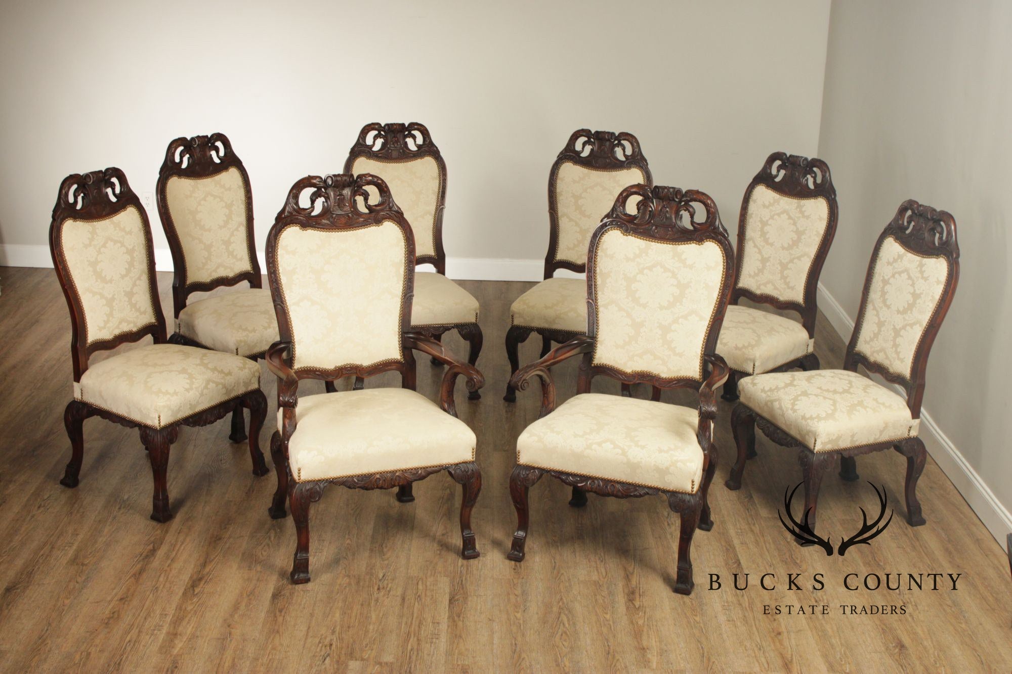 Georgian Style 1930's Vintage Set of 8 Carved Mahogany Dining Chairs