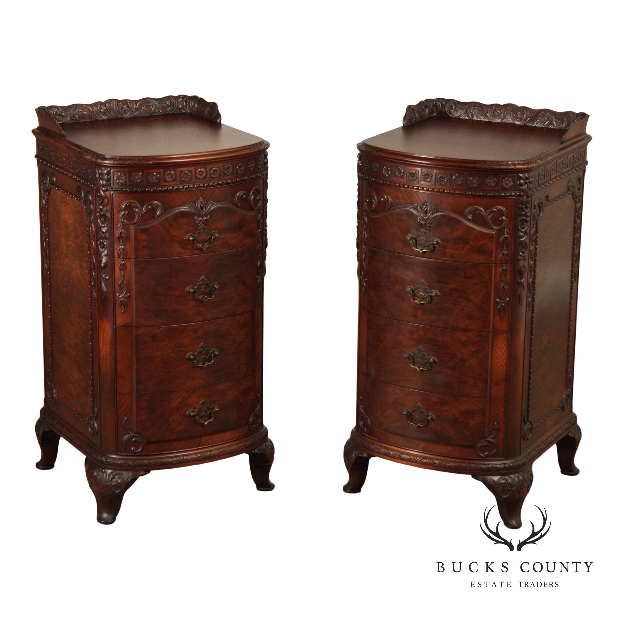 1930's Georgian Style Carved Mahogany Pair Of Four Drawers Chests