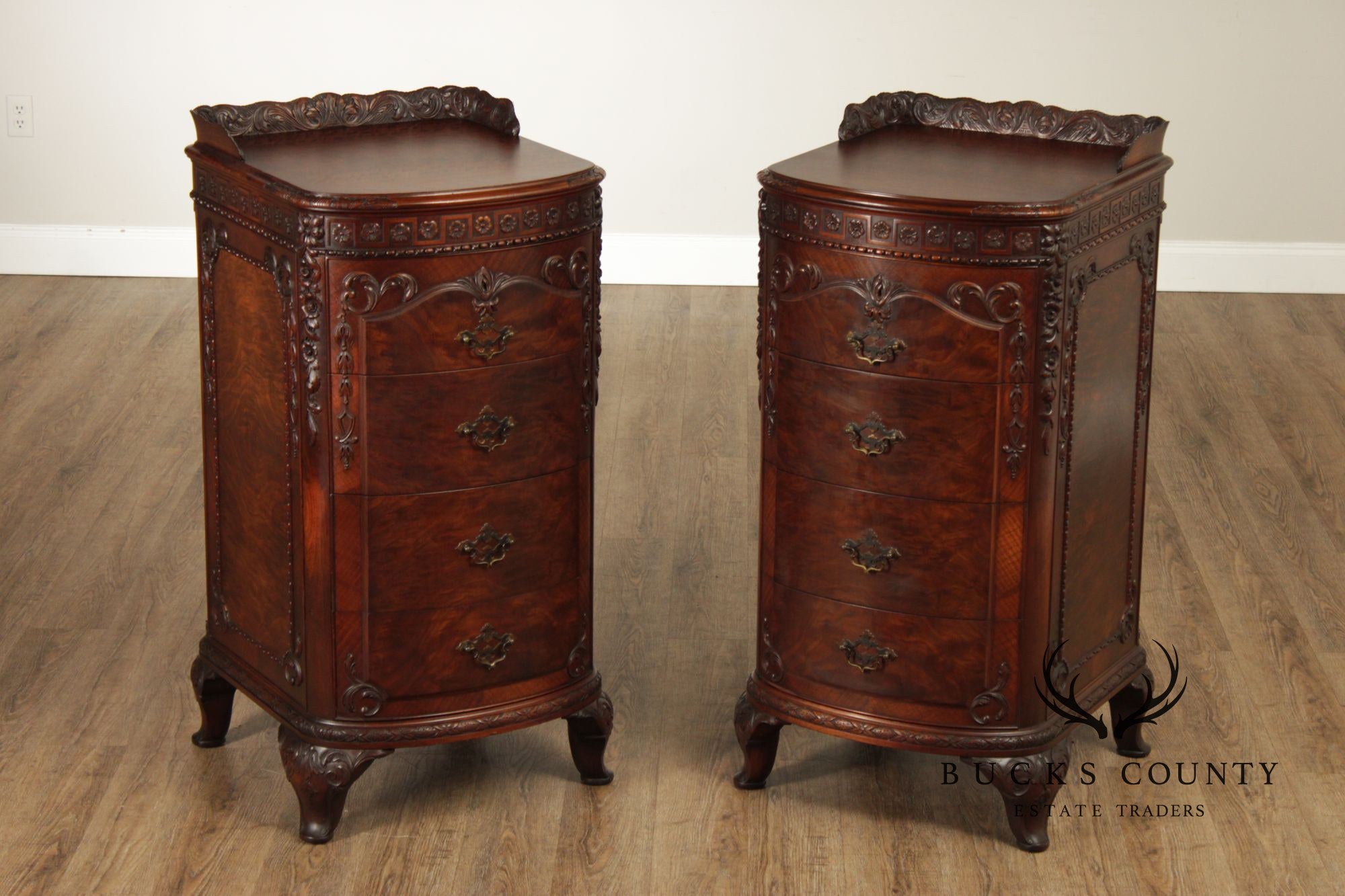 1930's Georgian Style Carved Mahogany Pair Of Four Drawers Chests