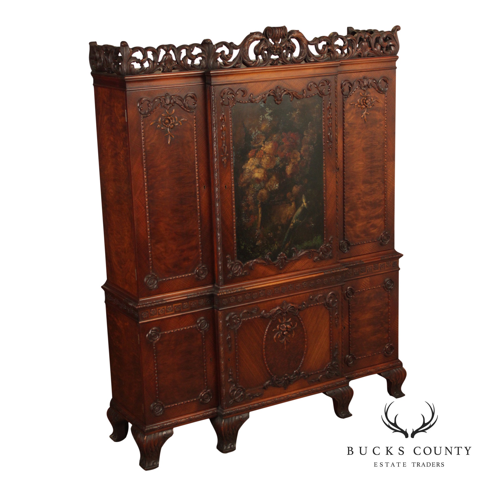 Georgian Style Hand Painted Mahogany Breakfront Cabinet
