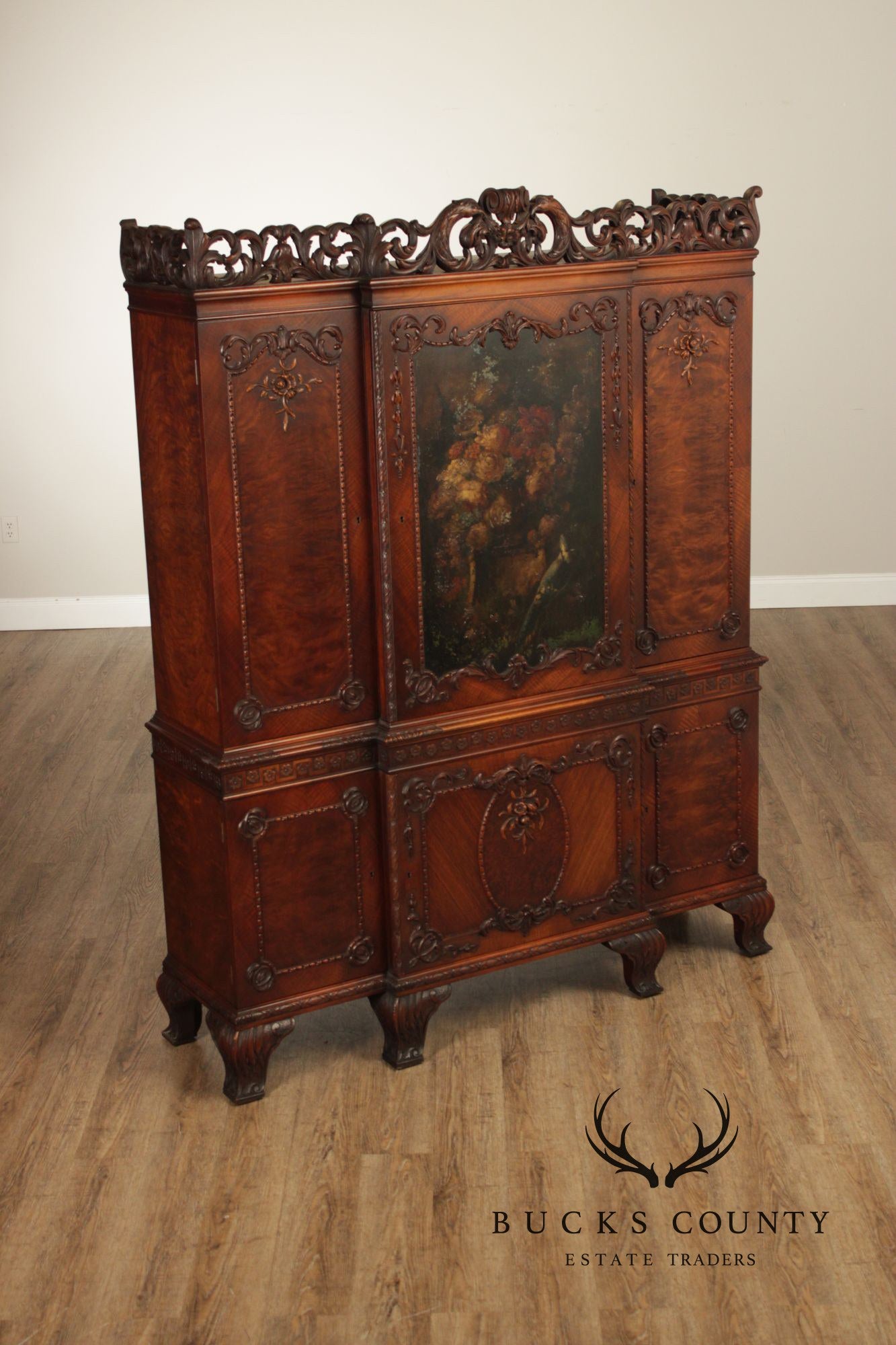 Georgian Style Hand Painted Mahogany Breakfront Cabinet
