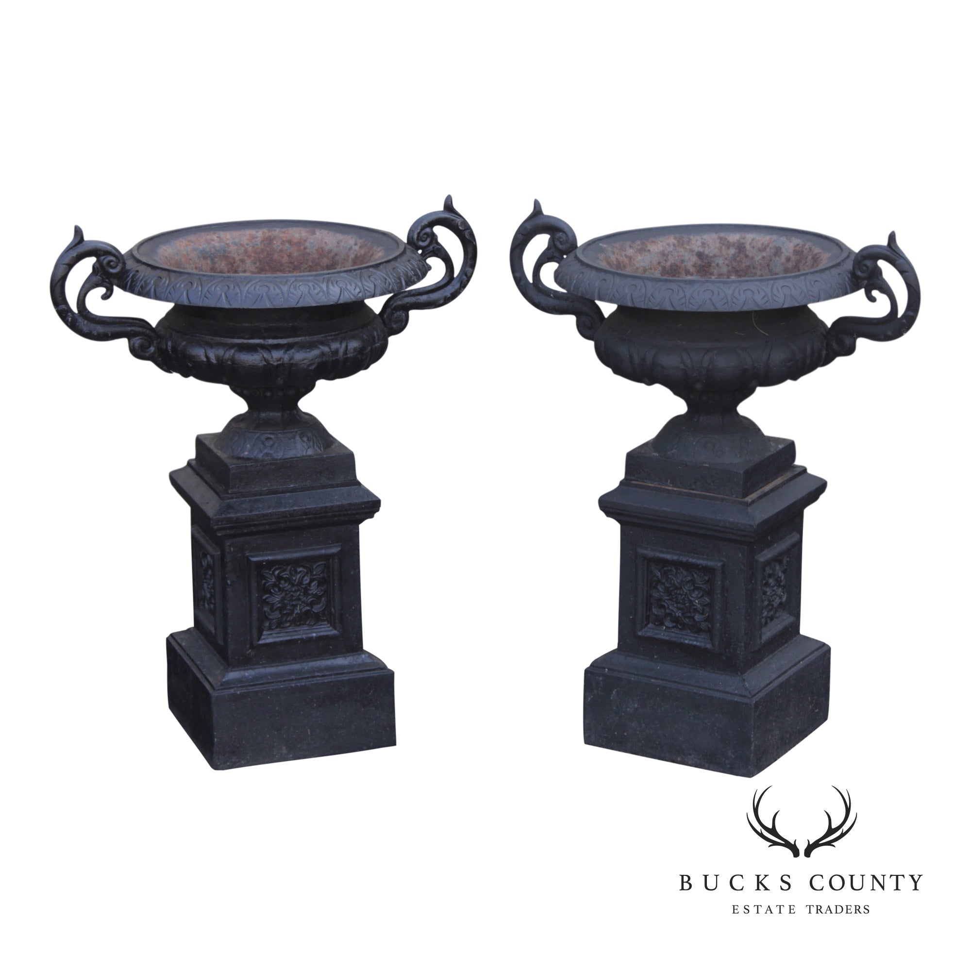 Pair Of Classical Style Cast Iron Garden Urns With Pedestals