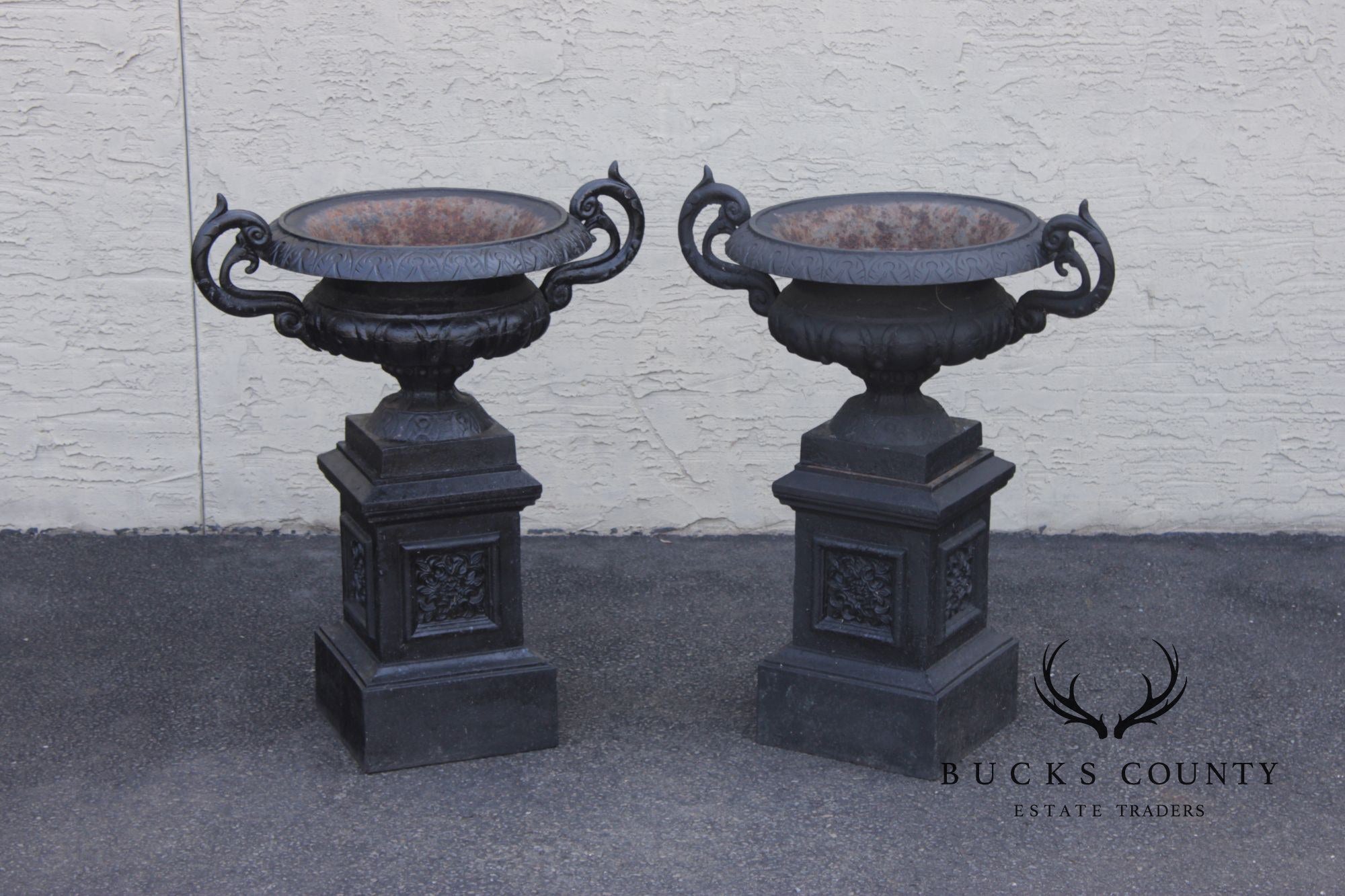 Pair Of Classical Style Cast Iron Garden Urns With Pedestals