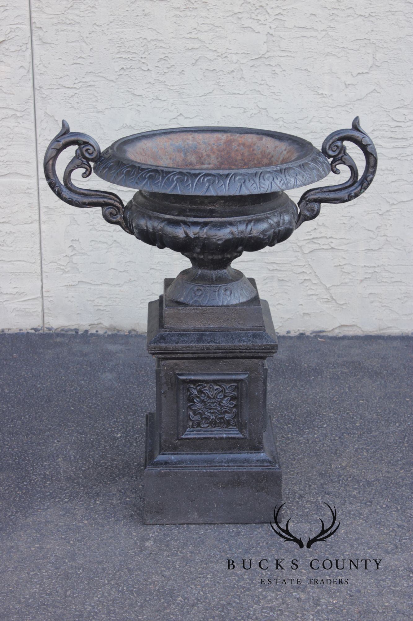 Pair Of Classical Style Cast Iron Garden Urns With Pedestals