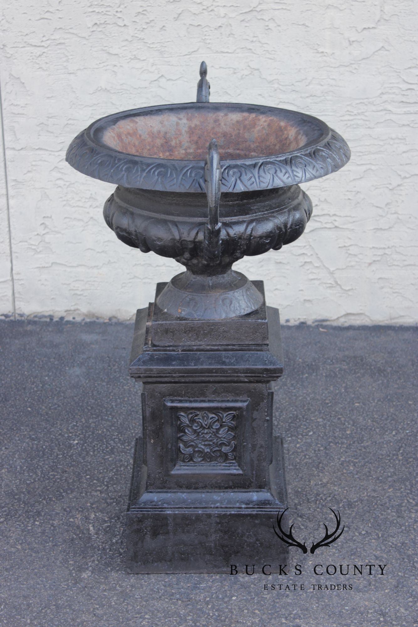 Pair Of Classical Style Cast Iron Garden Urns With Pedestals