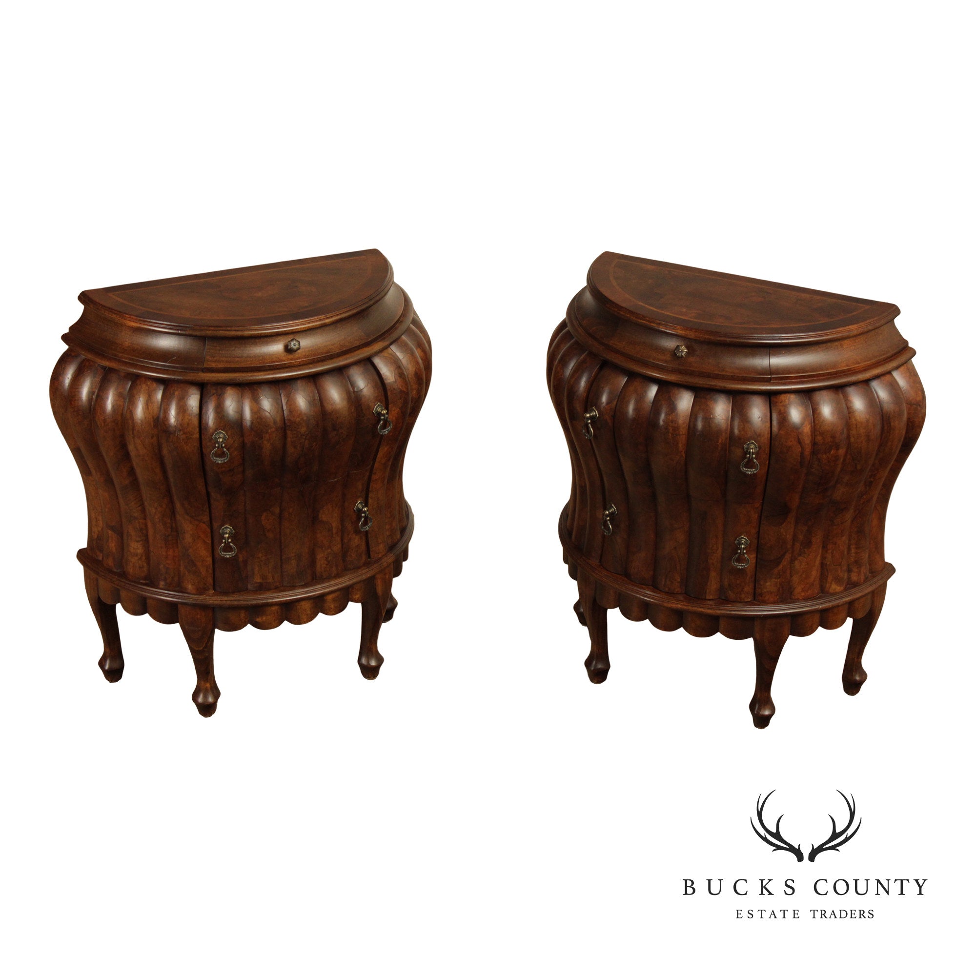 Vintage Pair Of Italian  Walnut Bombe Nightstands Commodes With Scalloped