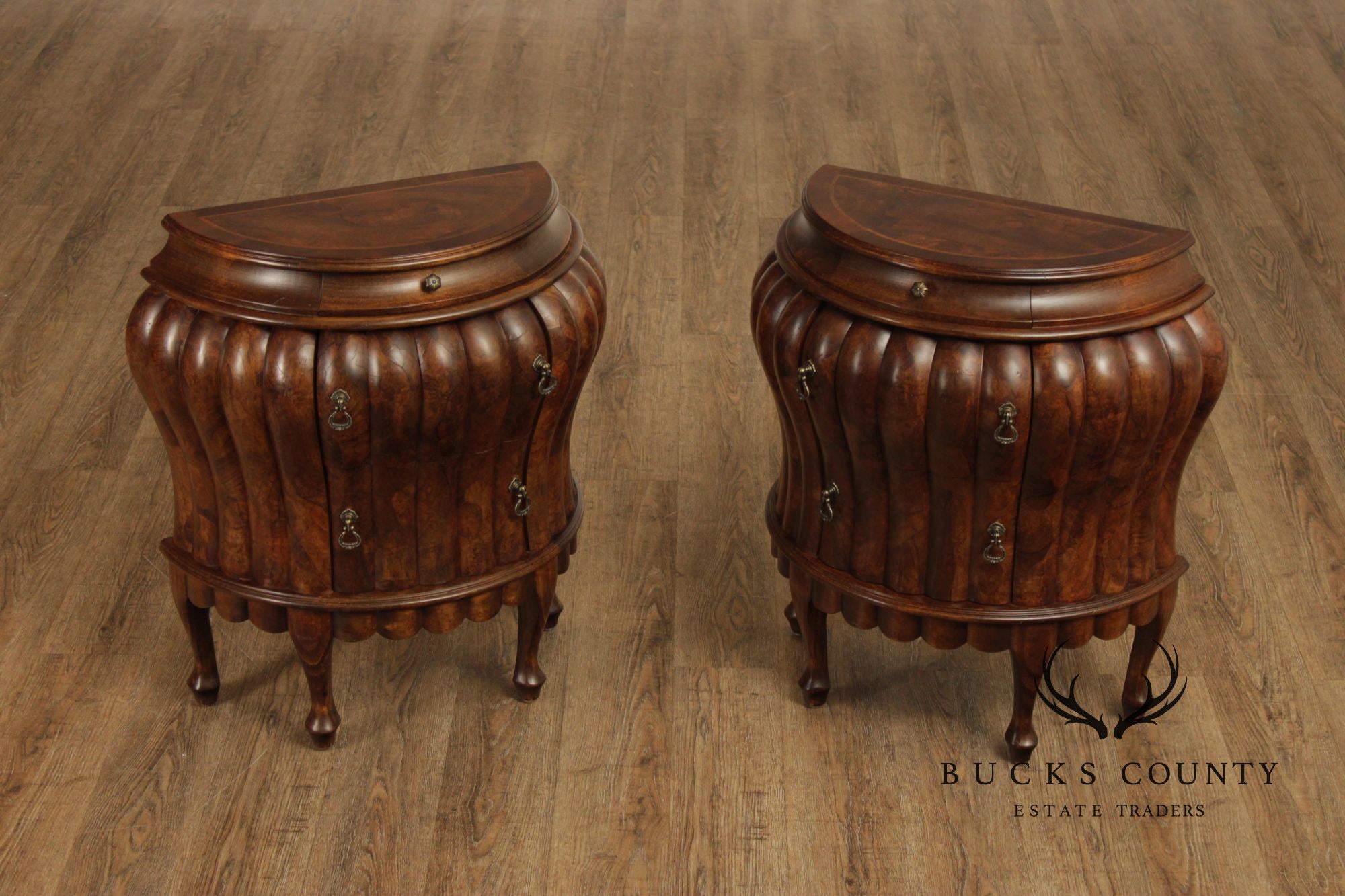 Vintage Pair Of Italian  Walnut Bombe Nightstands Commodes With Scalloped