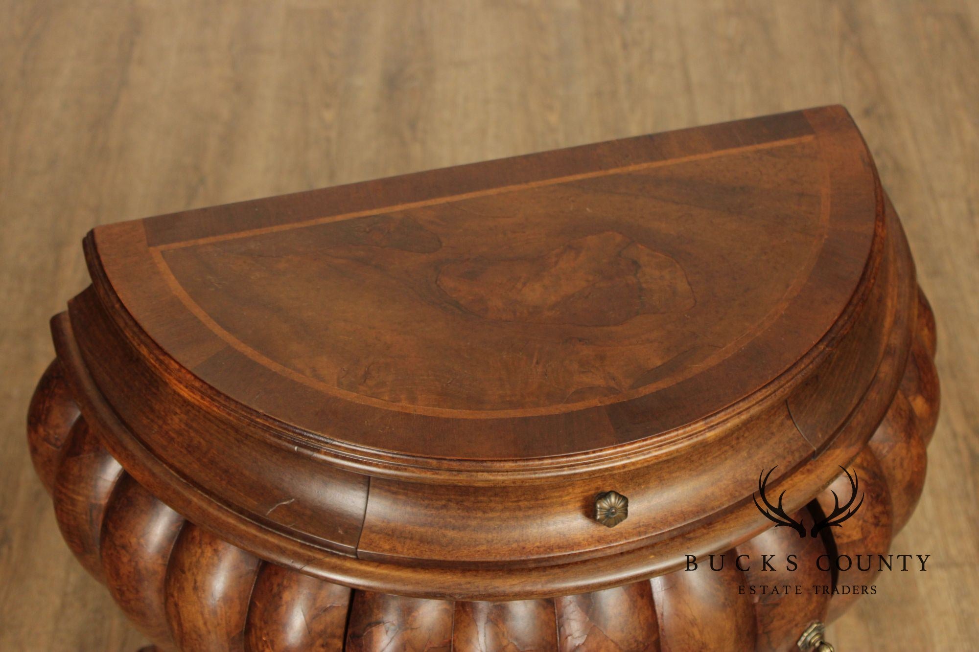 Vintage Pair Of Italian  Walnut Bombe Nightstands Commodes With Scalloped
