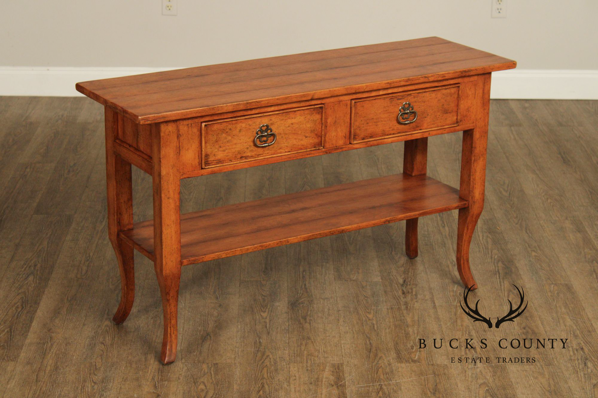 Bausman And Company French Country Style Two Drawer Fruitwood Console Table