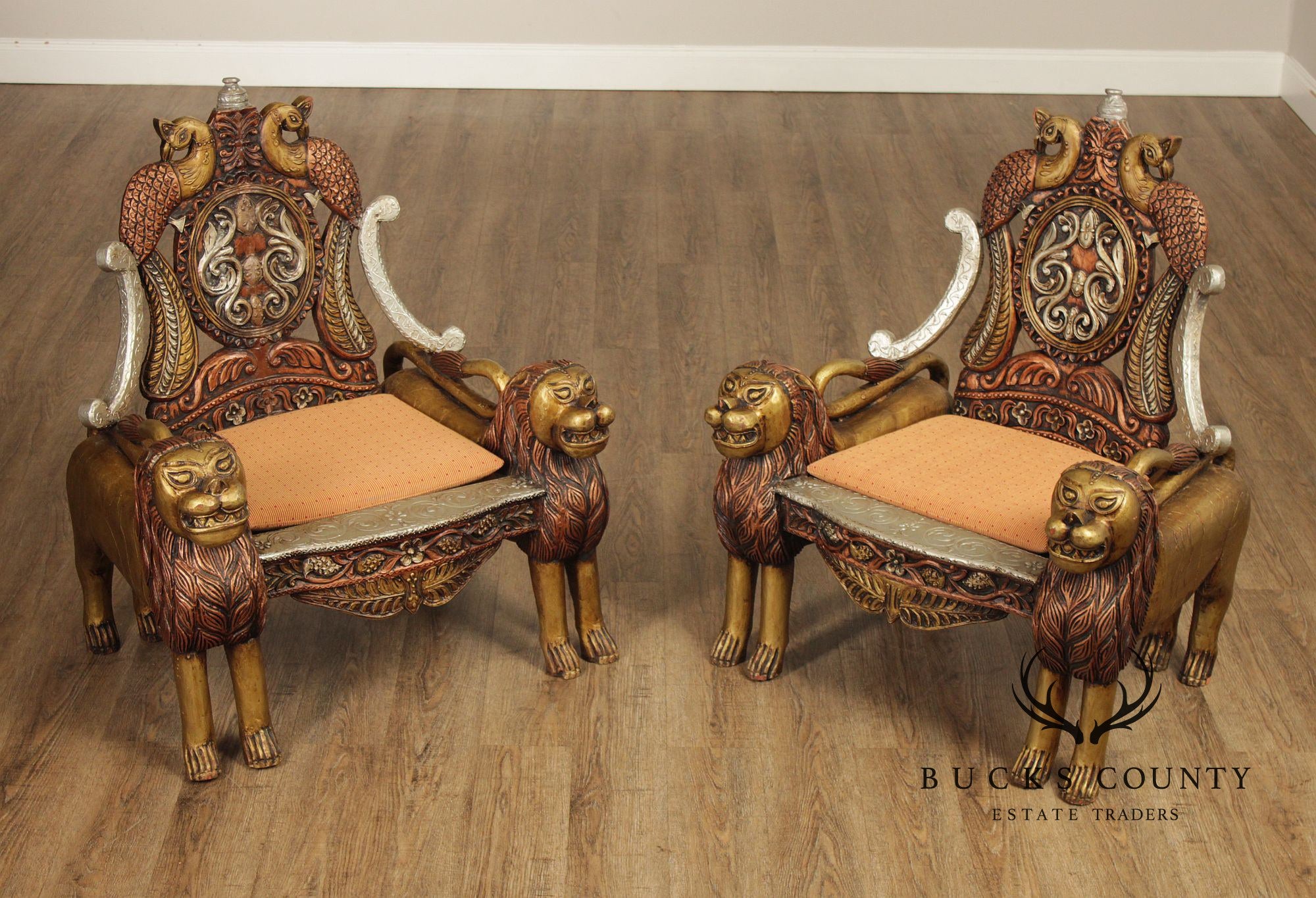 Hand Carved Painted And Gilt Lion And Peacock Motif Pair Of Throne Chairs