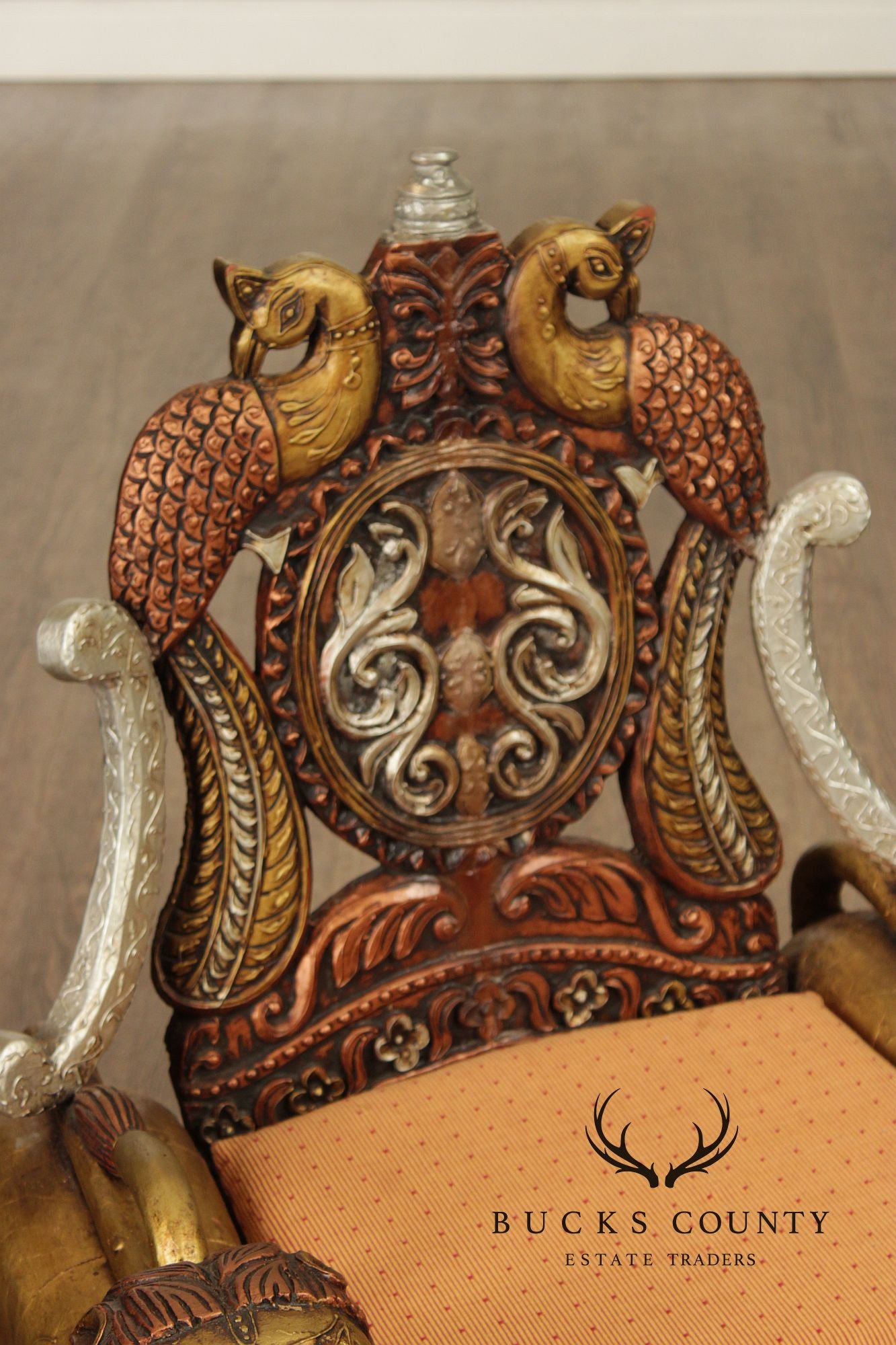 Hand Carved Painted And Gilt Lion And Peacock Motif Pair Of Throne Chairs