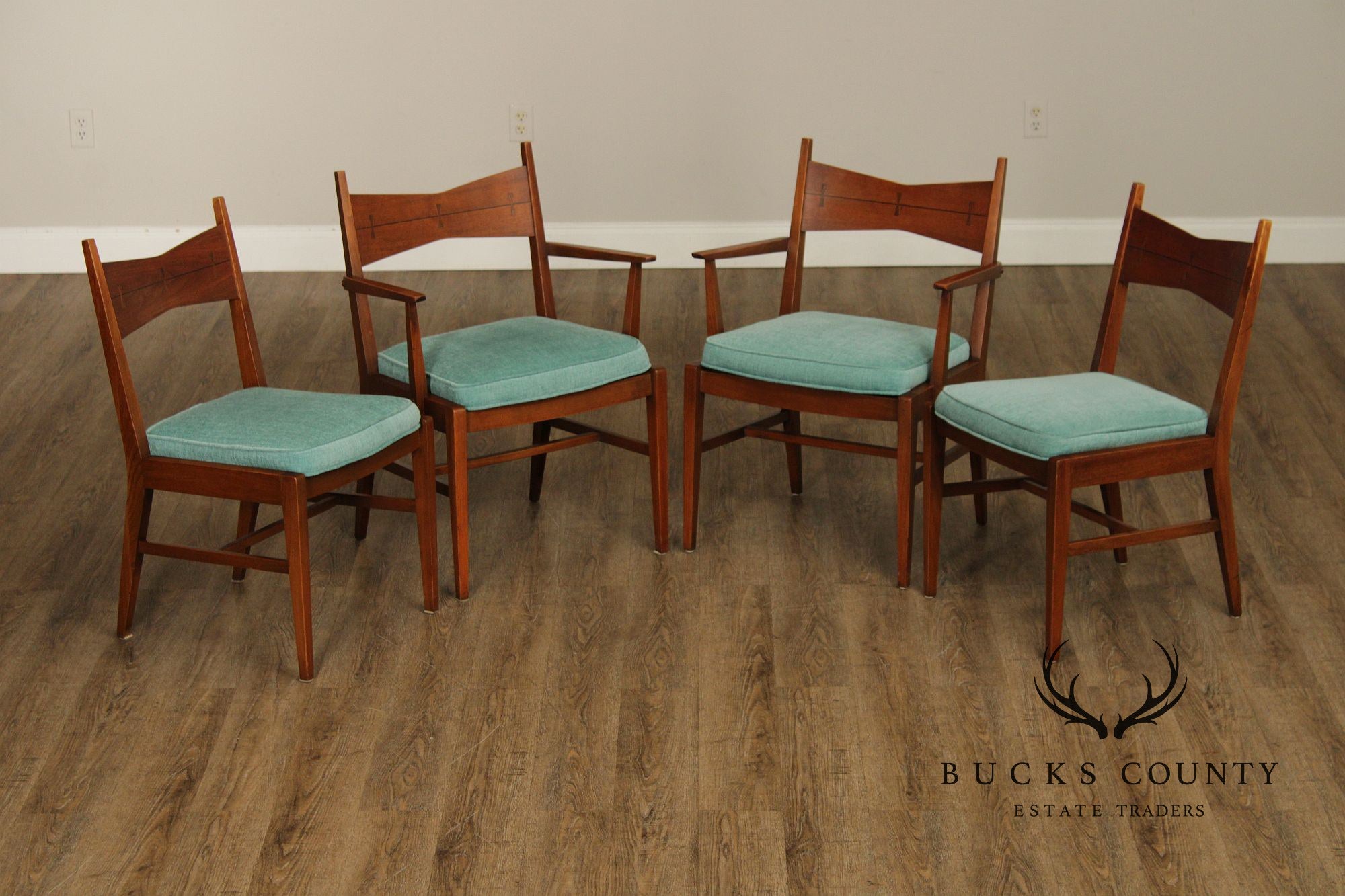 Lane Furniture Set Of Four Mid Century Modern Walnut Tuxedo Dining Chairs
