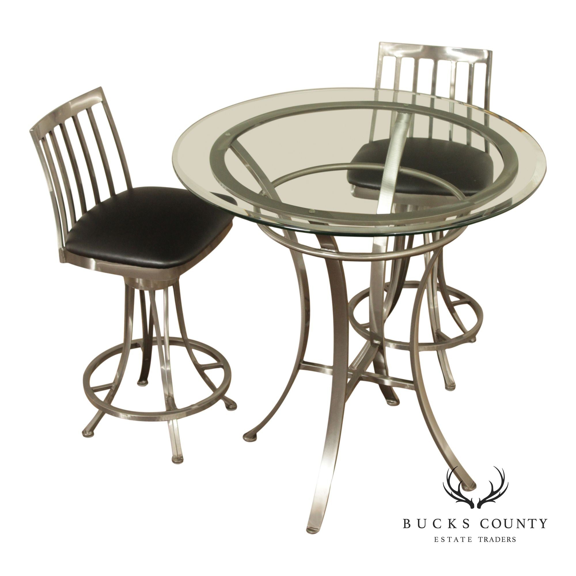 Modern Glass Top Steel Bistro Table with Two Stools