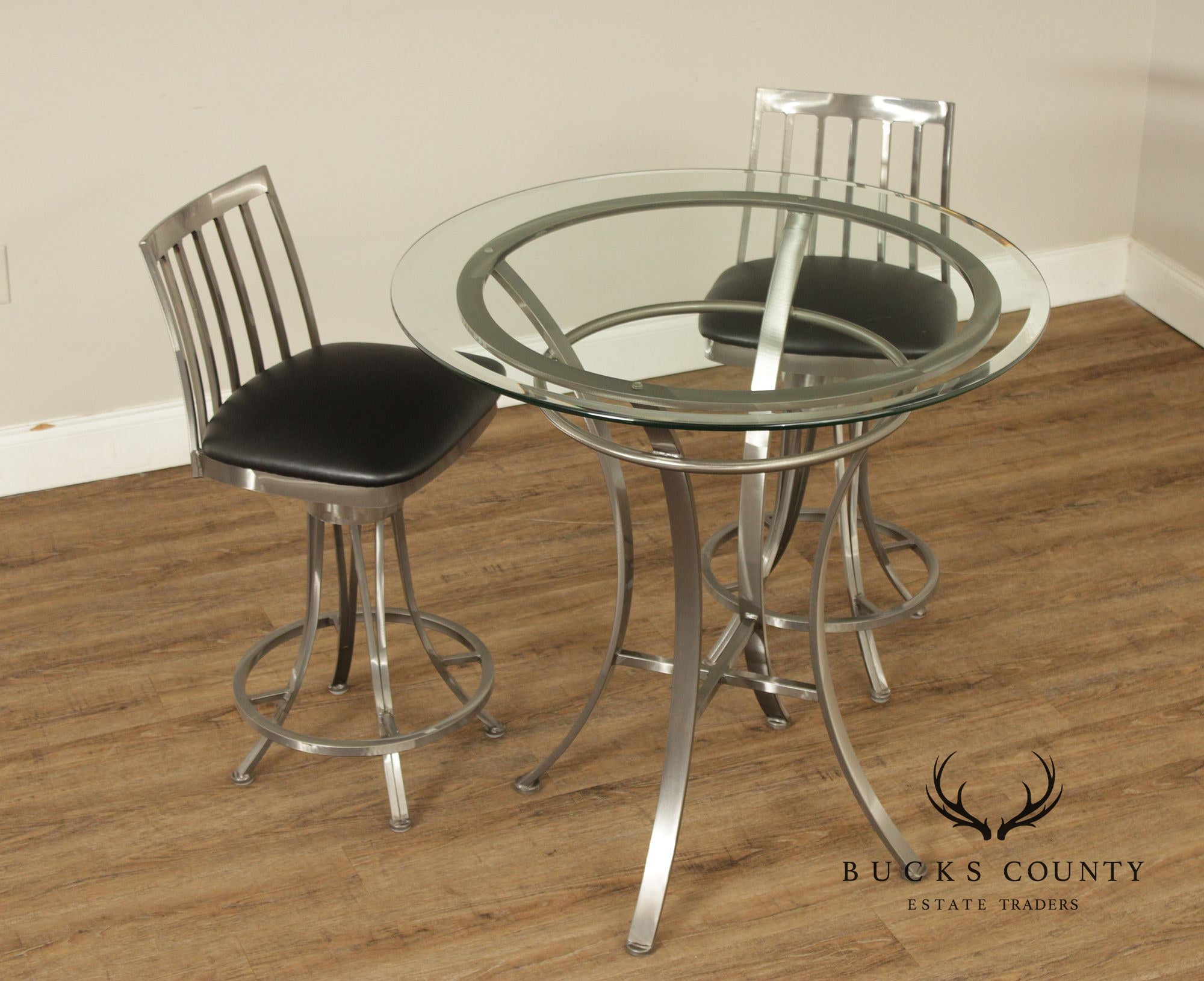 Modern Glass Top Steel Bistro Table with Two Stools