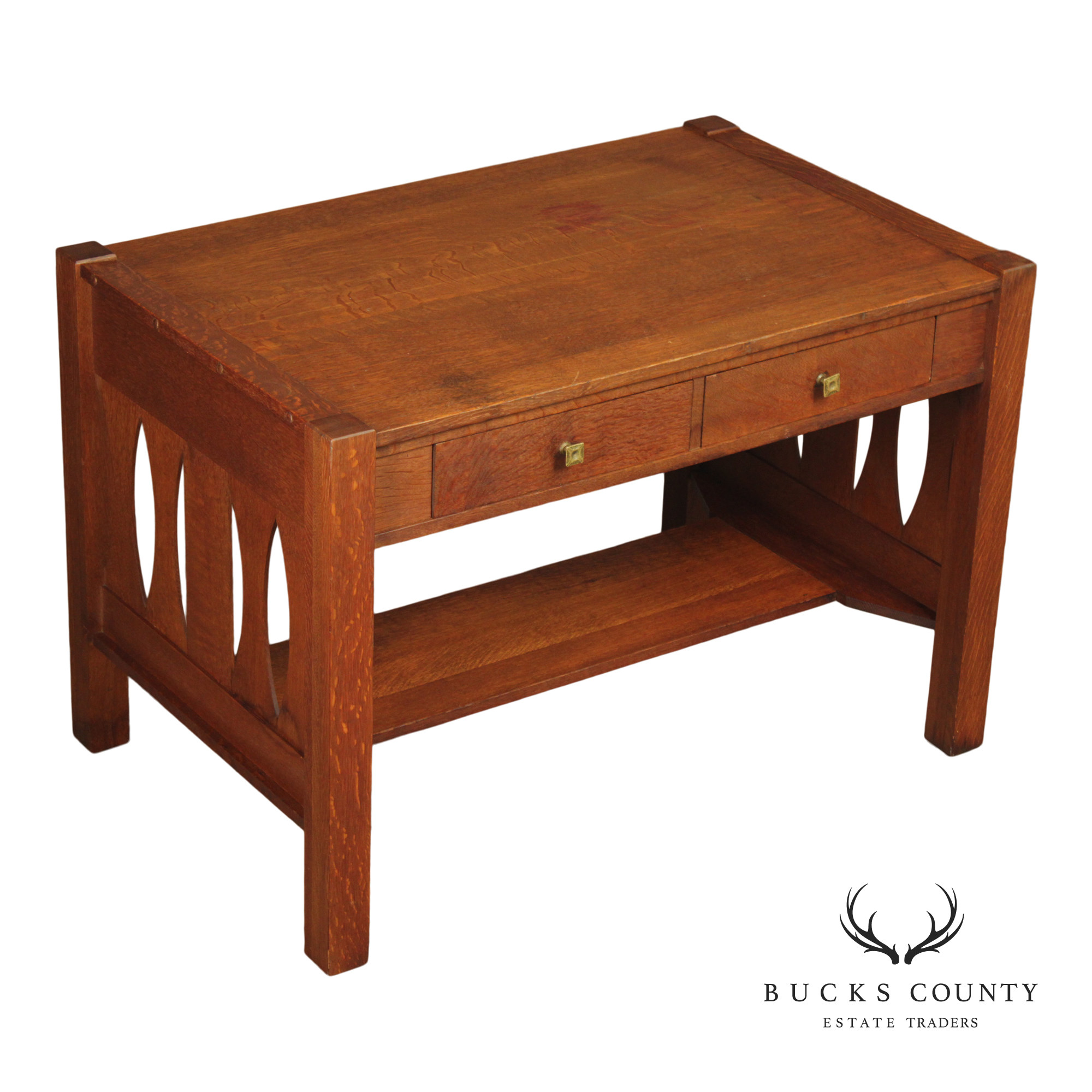 Antique Arts & Crafts Mission Oak Two Drawer Library Table Desk
