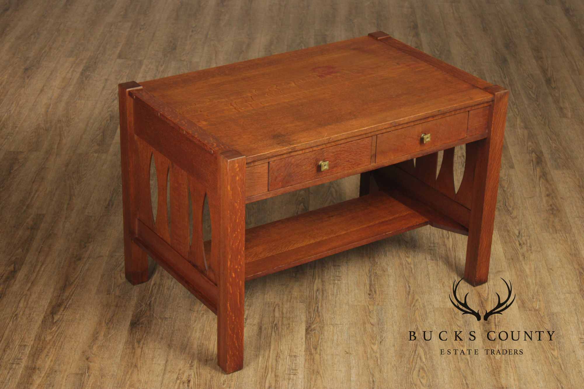 Antique Arts & Crafts Mission Oak Two Drawer Library Table Desk