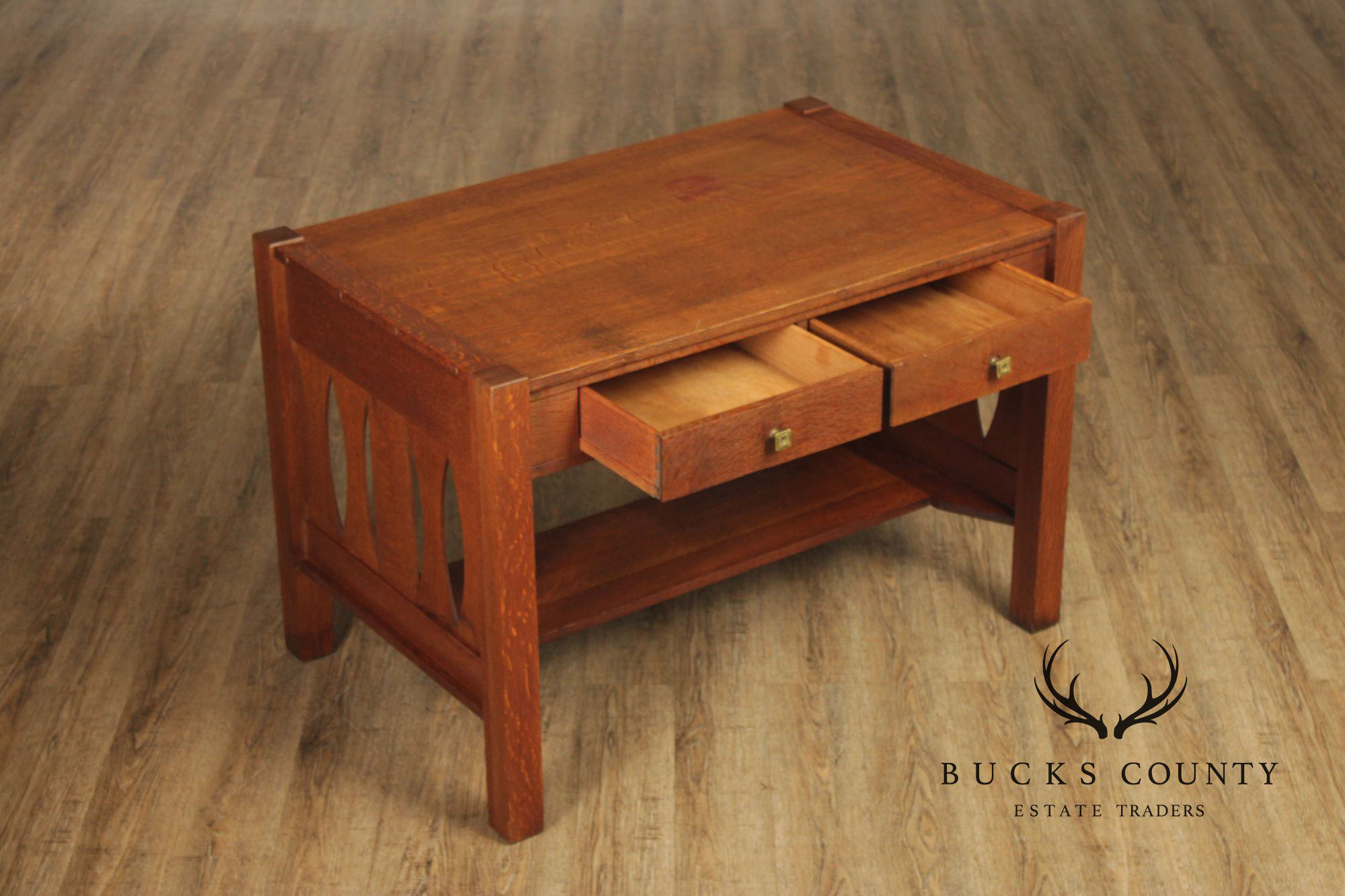 Antique Arts & Crafts Mission Oak Two Drawer Library Table Desk