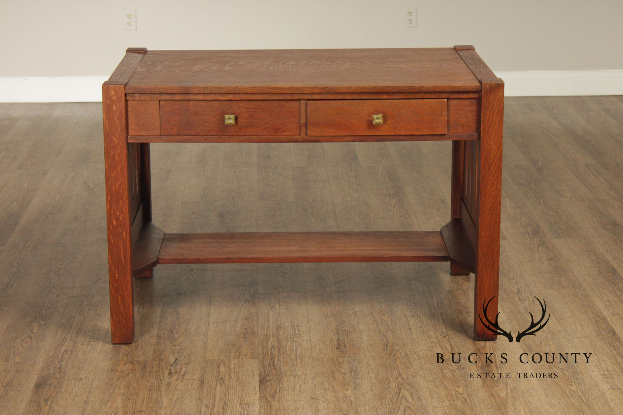 Antique Arts & Crafts Mission Oak Two Drawer Library Table Desk
