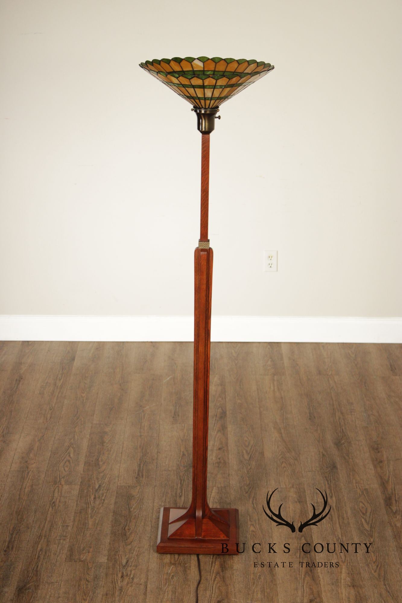 Stickley Mission Collection Oak Torchiere Floor Lamp With Art Glass Shade