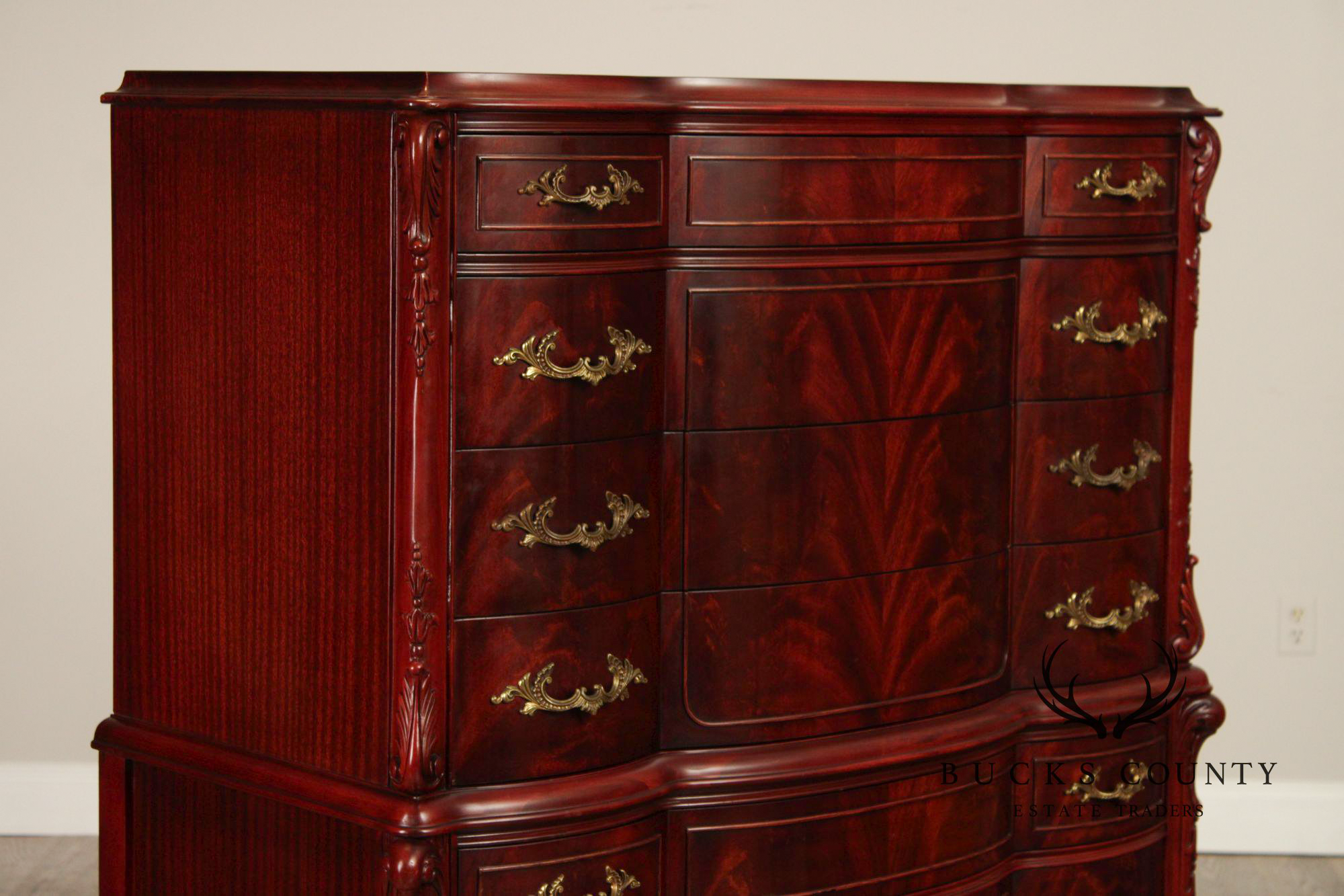 1940's French Louis XV Style Flame Mahogany Tall Chest