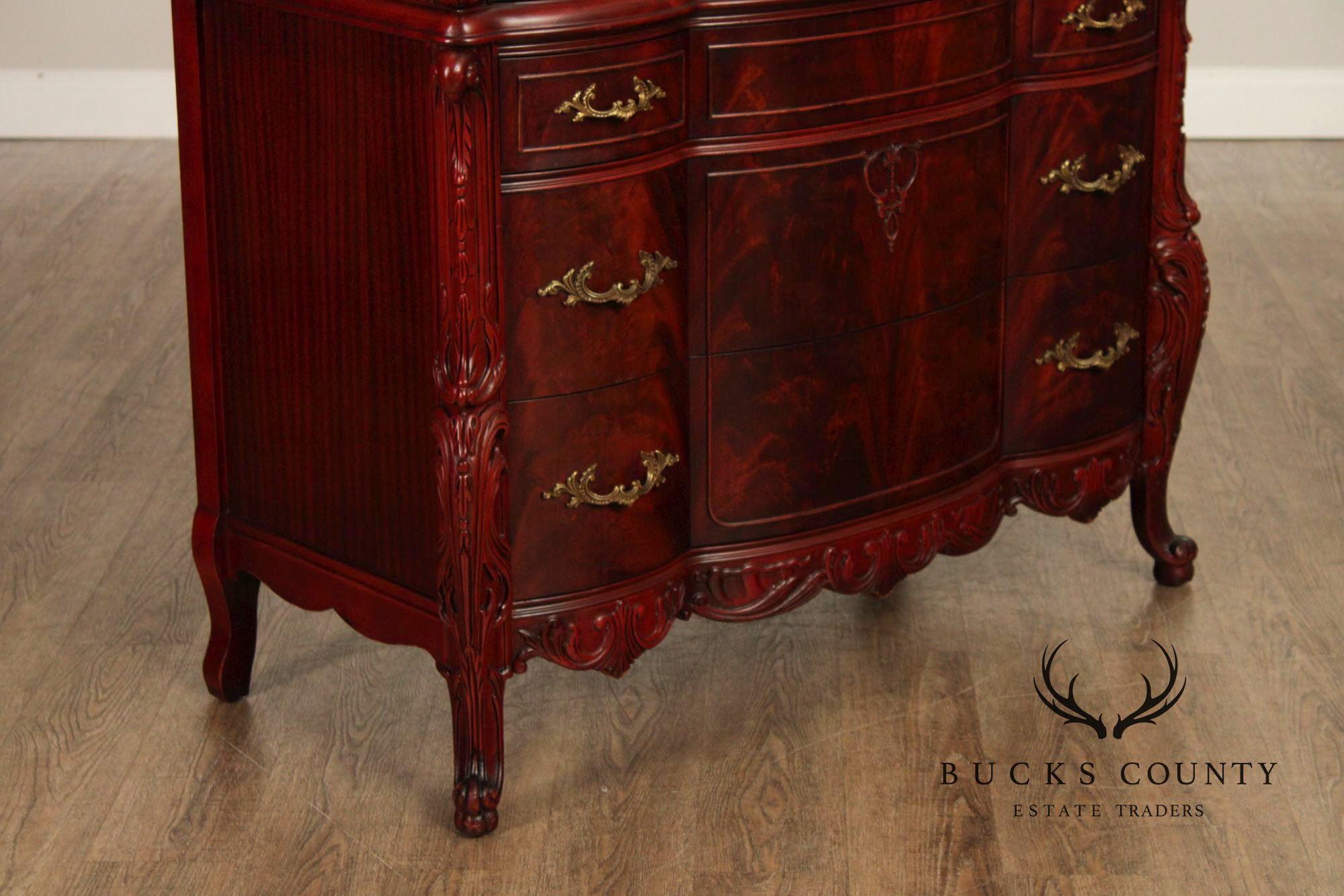 1940's French Louis XV Style Flame Mahogany Tall Chest