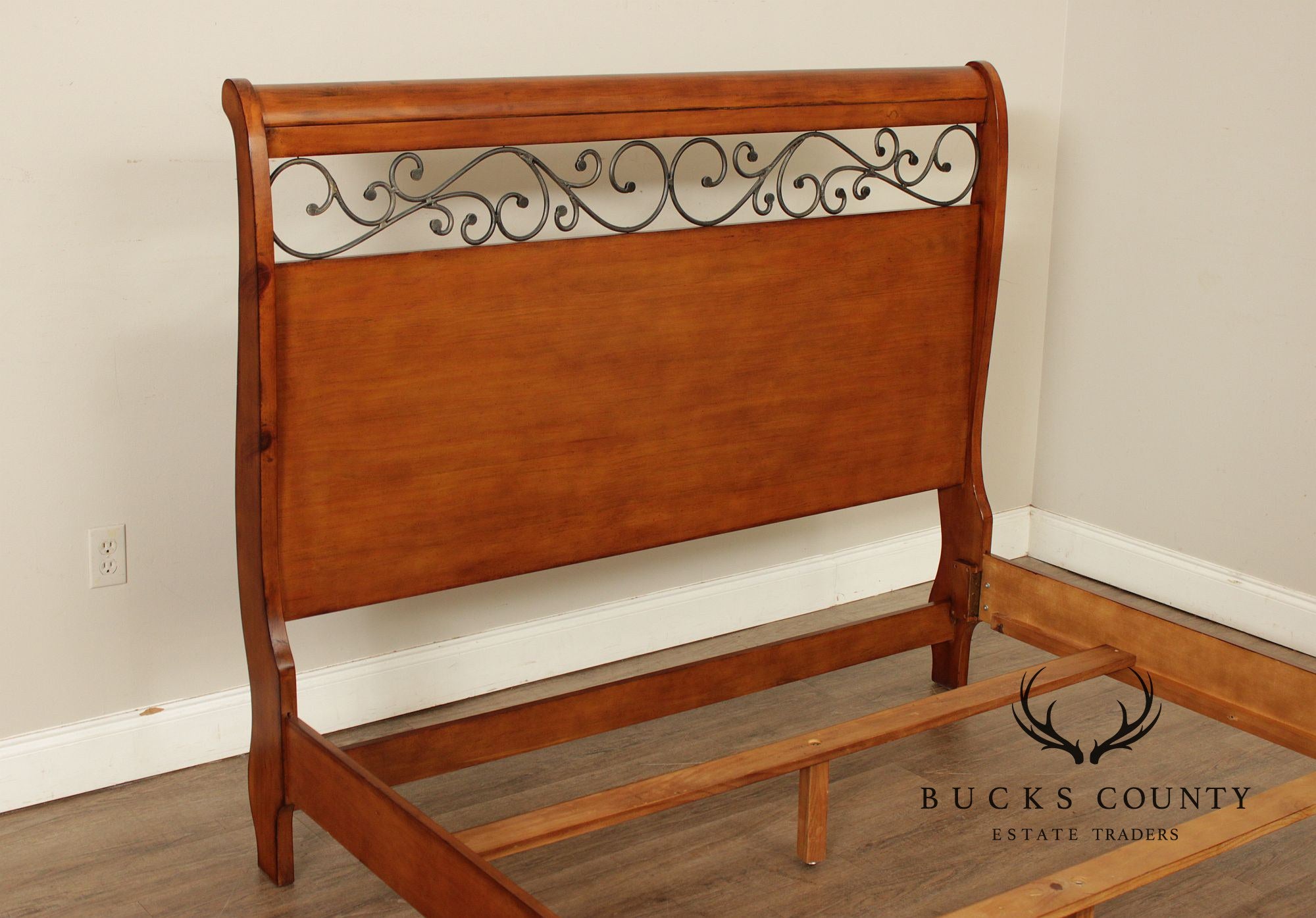 Queen Size Sleigh Bed With Iron Scroll Detail