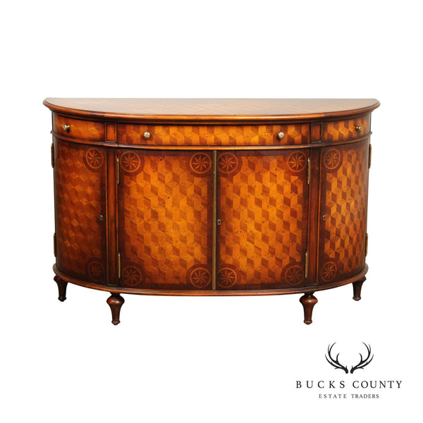Regency Style Marquetry Inlaid Mahogany And Burl Wood  Demilune Commode