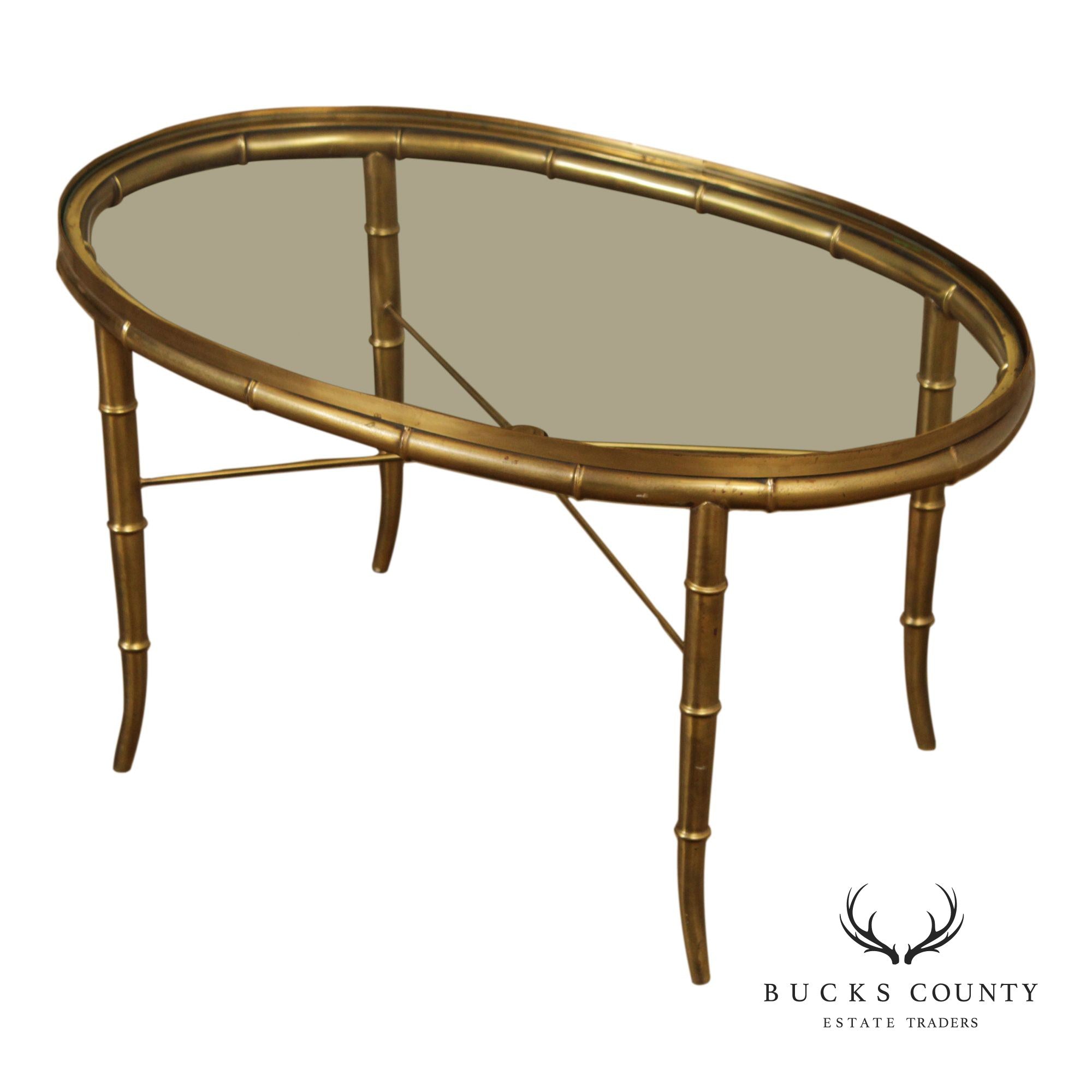 Mastercraft Italian Brass Faux Bamboo Oval Coffee Table With Glass Top