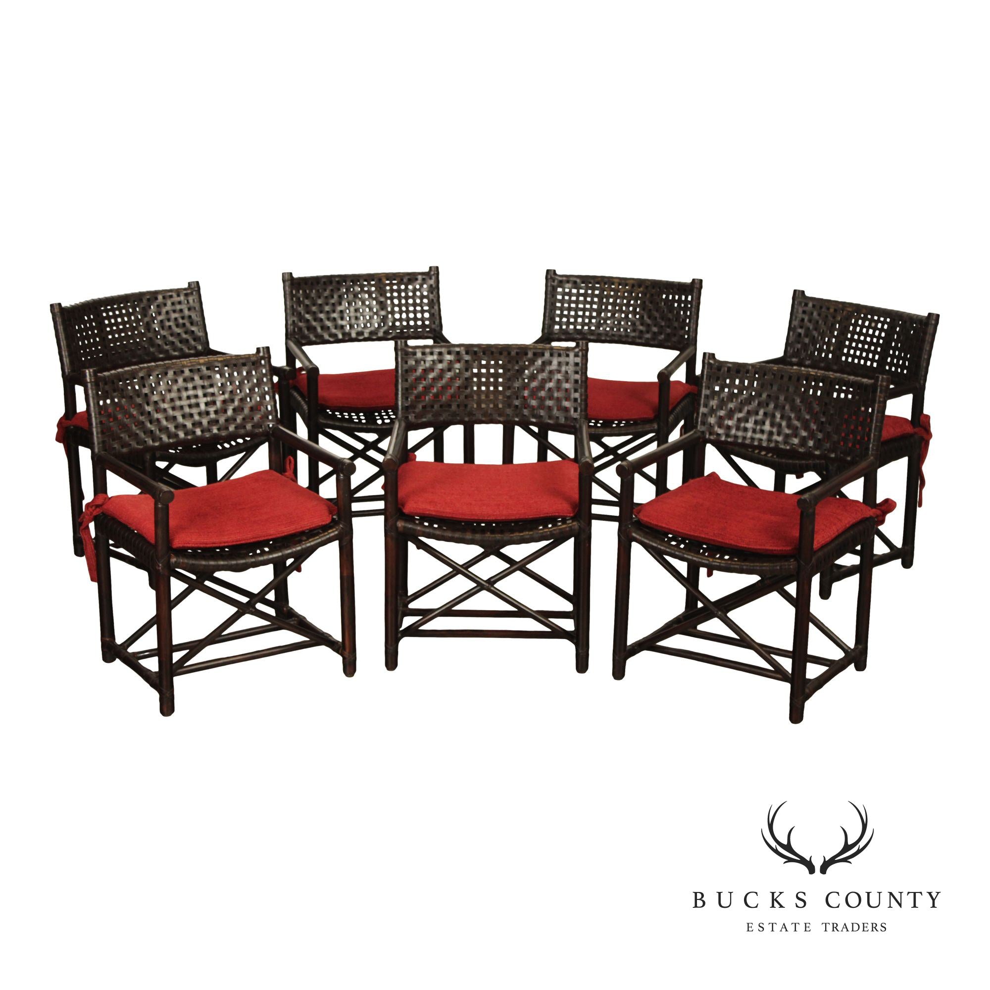 McGuire of San Francisco Set of Seven Rattan And Leather Strap Armchairs
