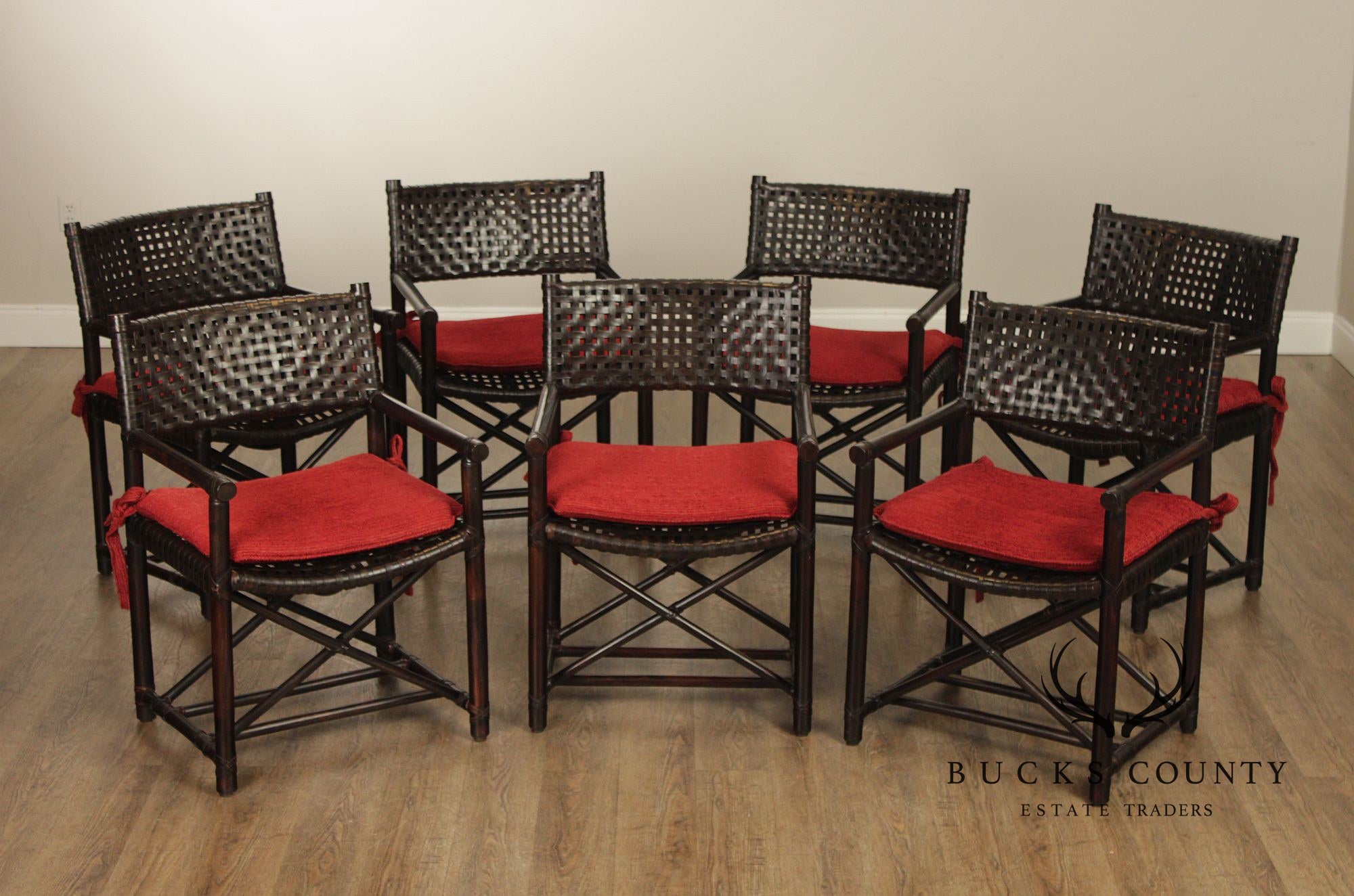 McGuire of San Francisco Set of Seven Rattan And Leather Strap Armchairs