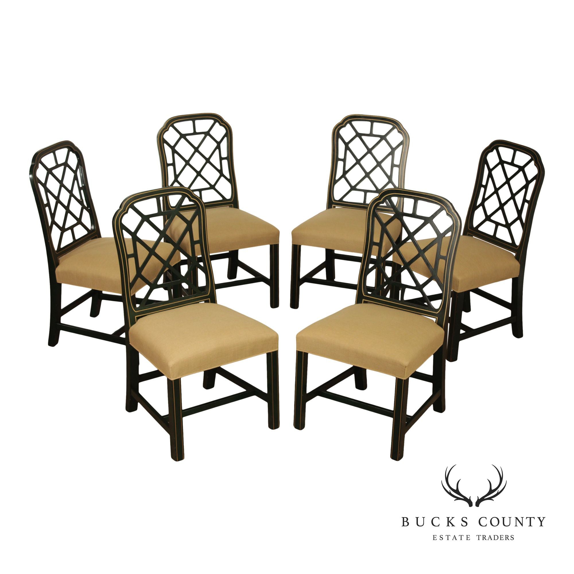 Chinese Chippendale Style Painted Lattice Back Set Of Six Dining Chairs