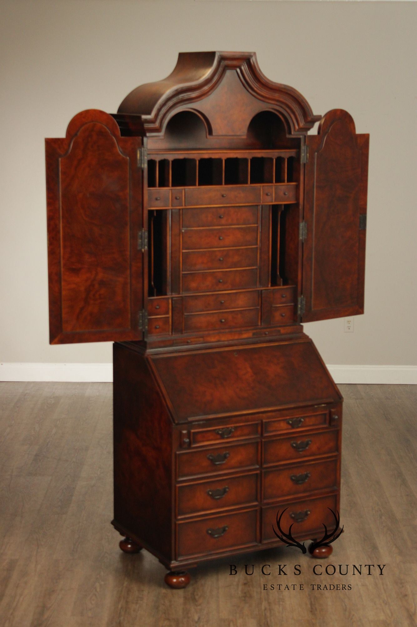 Theodore Alexander Georgian Style Burlwood Secretary Writing Desk
