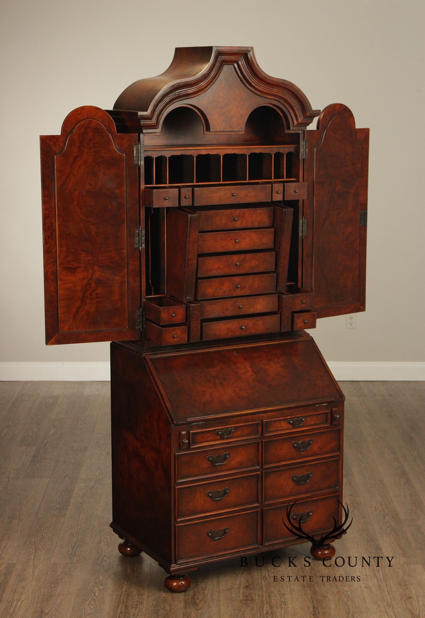 Theodore Alexander Georgian Style Burlwood Secretary Writing Desk