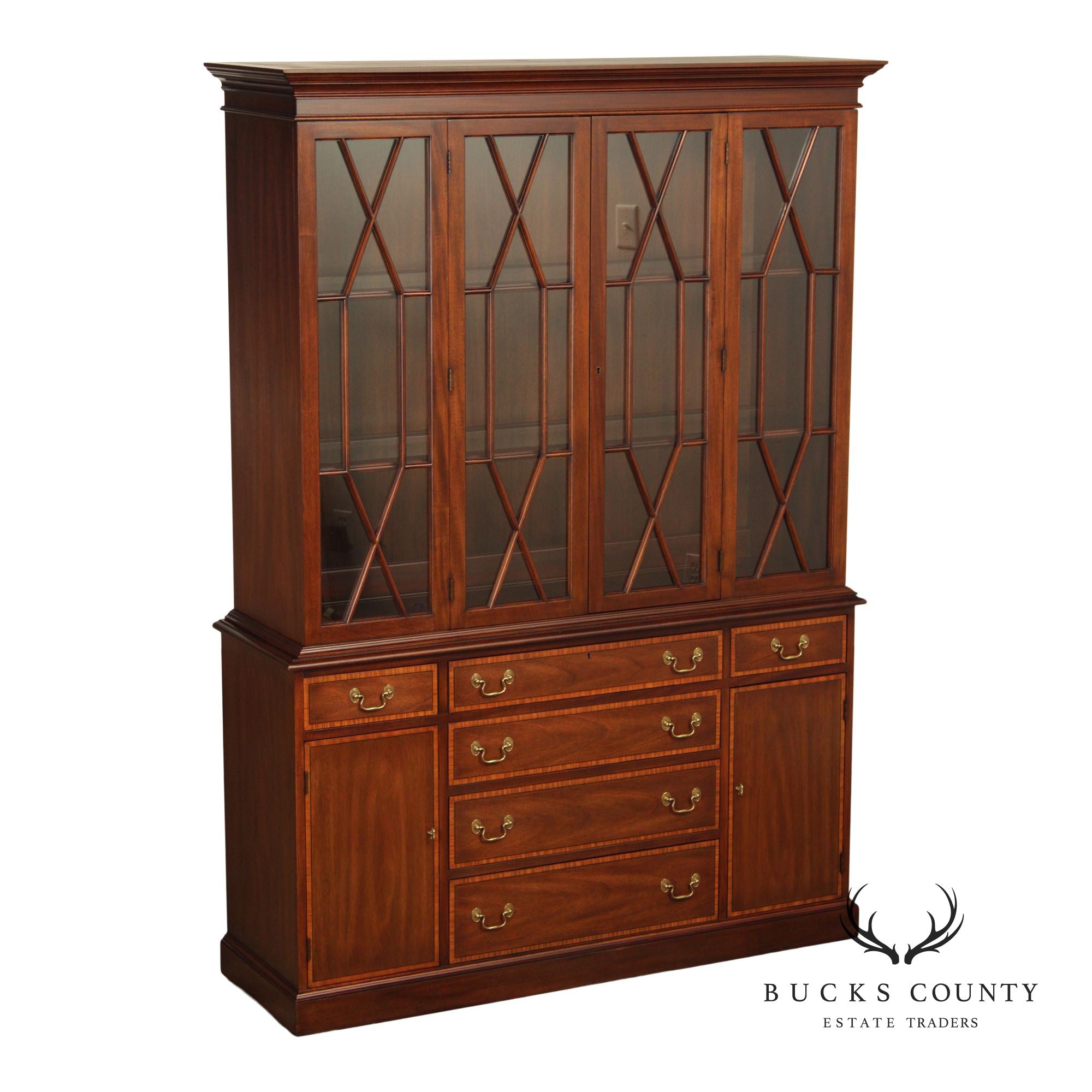 Henkel Harris Virginia Galleries Mahogany Inlaid Breakfront China Cabinet