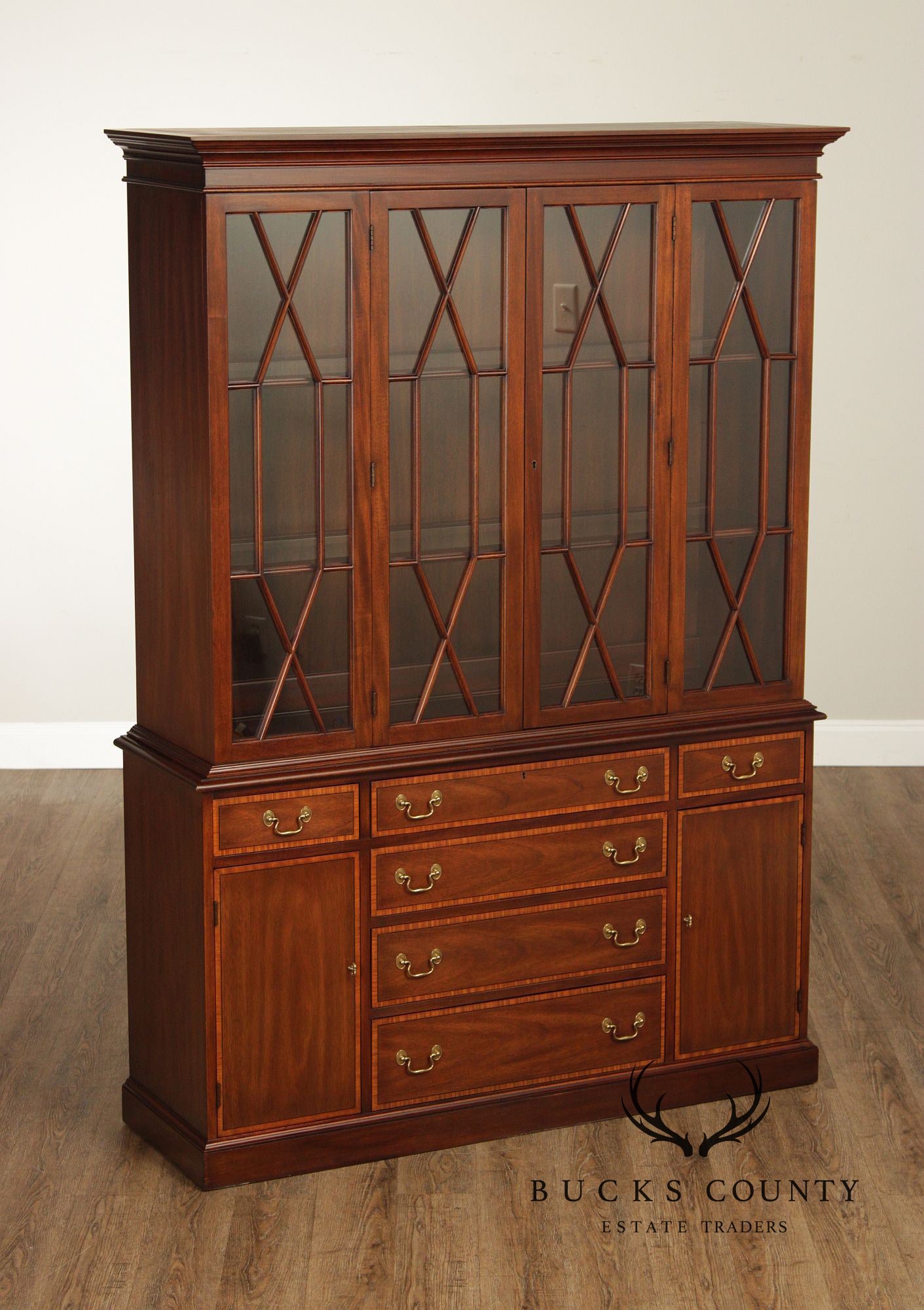Henkel Harris Virginia Galleries Mahogany Inlaid Breakfront China Cabinet