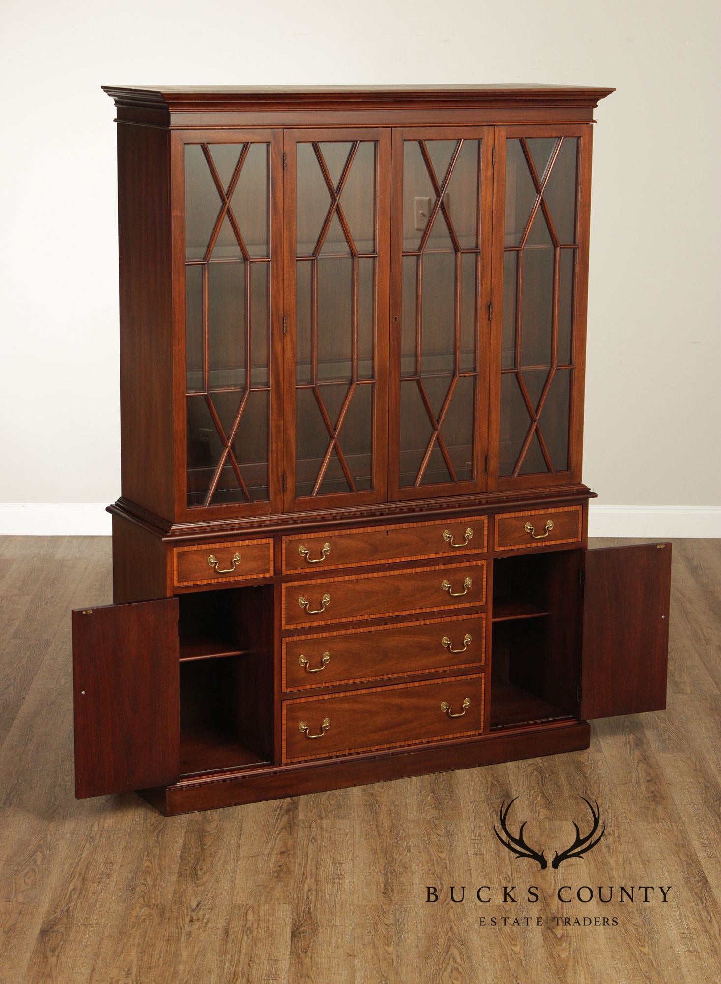 Henkel Harris Virginia Galleries Mahogany Inlaid Breakfront China Cabinet
