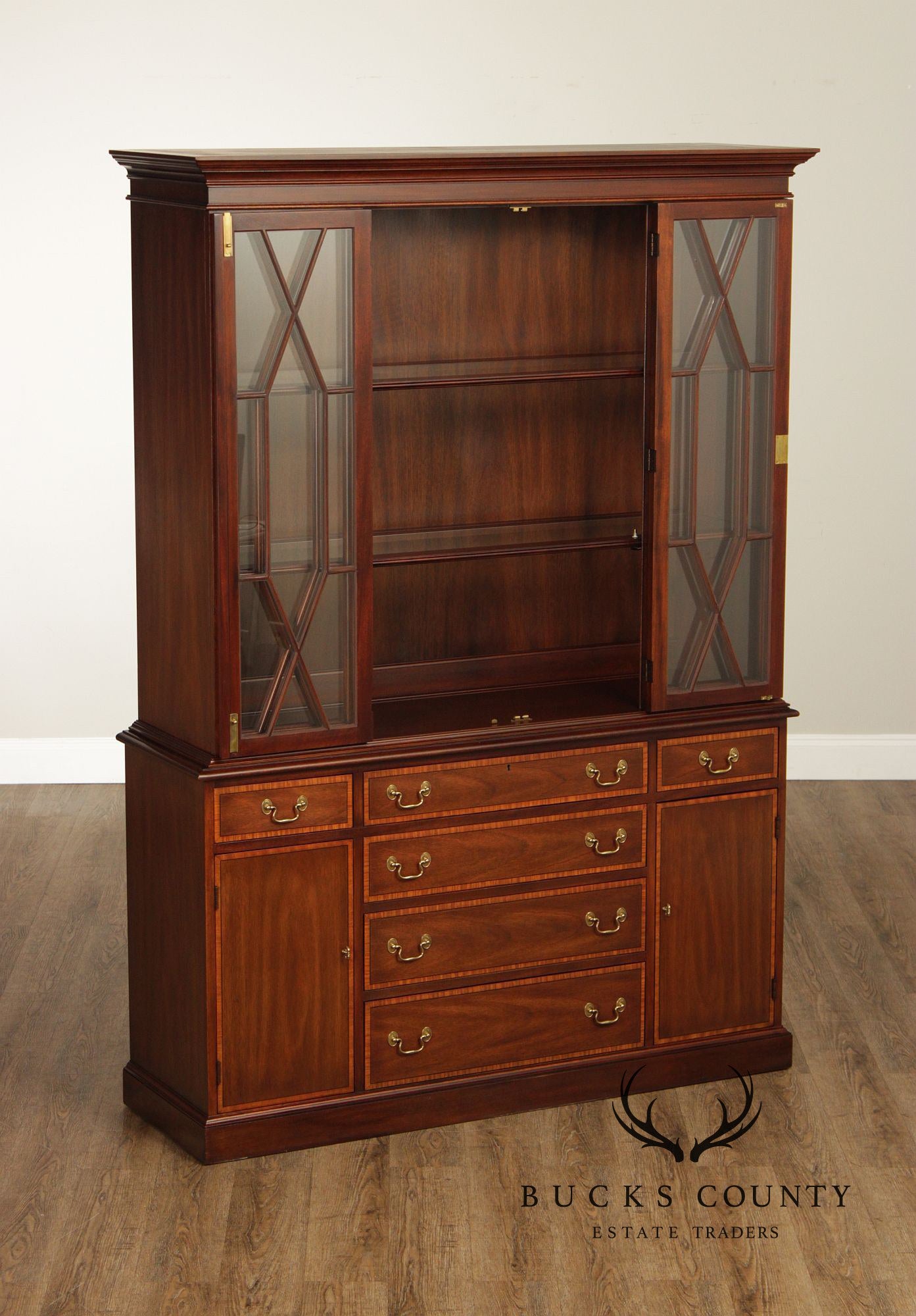 Henkel Harris Virginia Galleries Mahogany Inlaid Breakfront China Cabinet