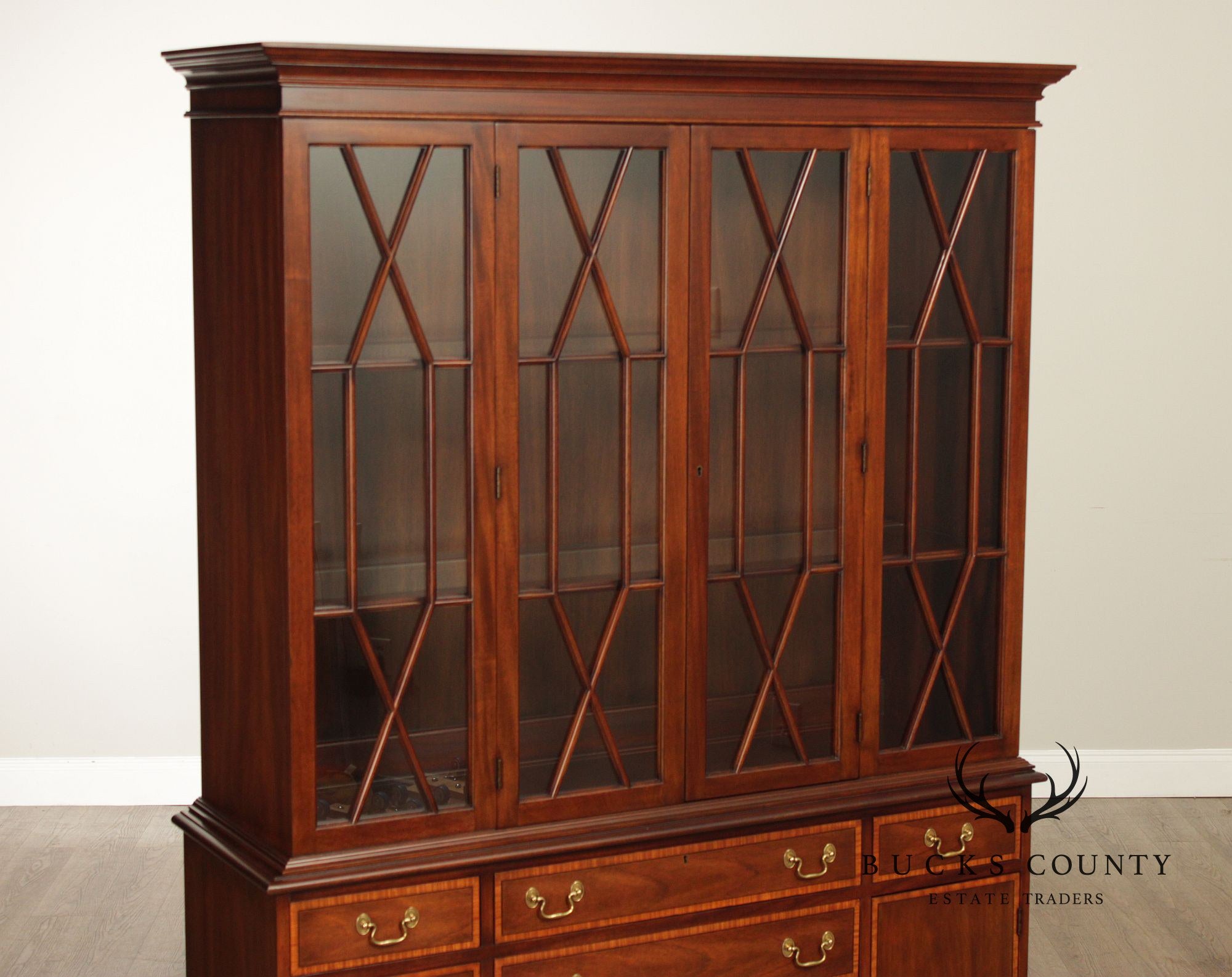 Henkel Harris Virginia Galleries Mahogany Inlaid Breakfront China Cabinet