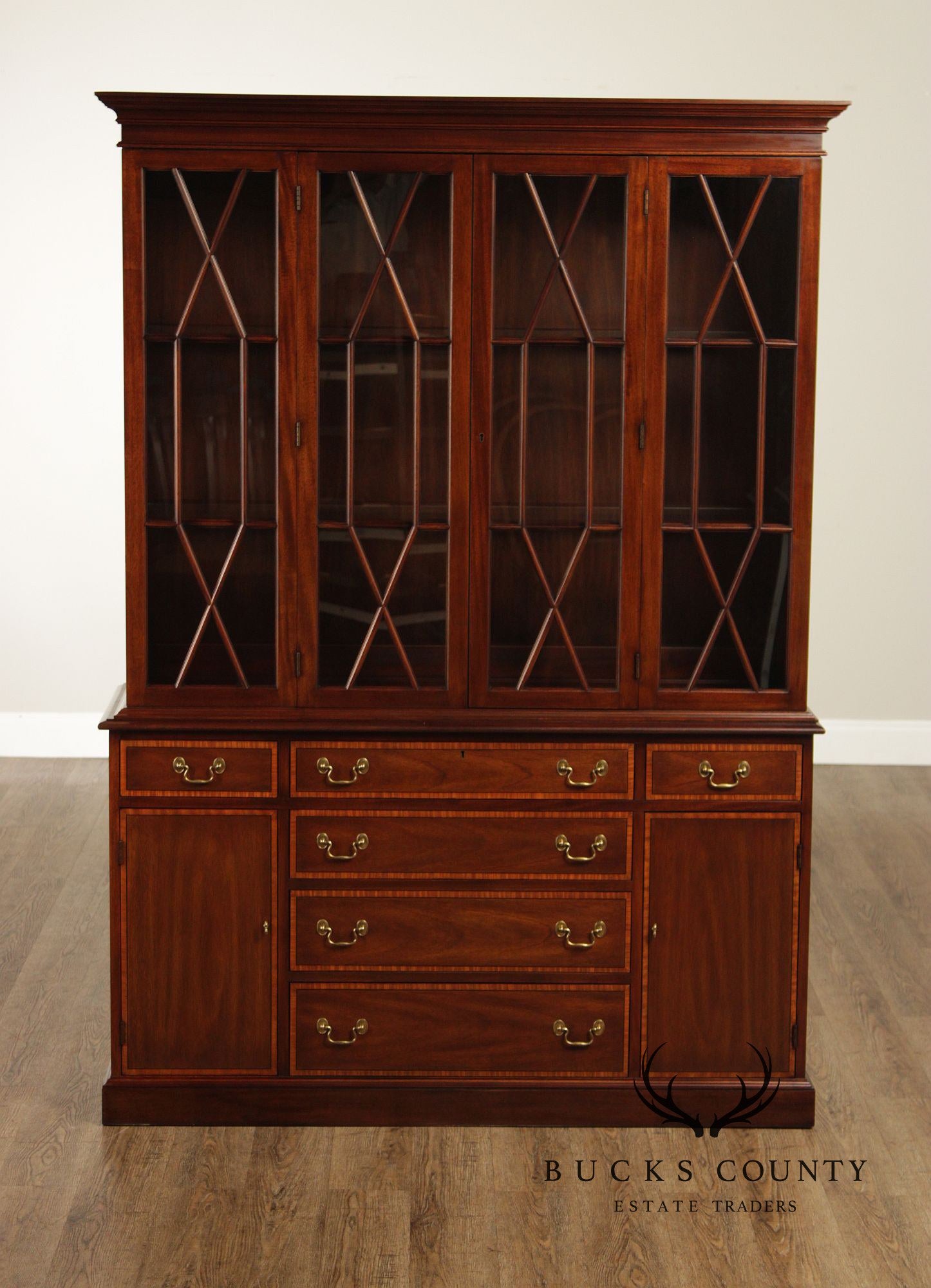 Henkel Harris Virginia Galleries Mahogany Inlaid Breakfront China Cabinet
